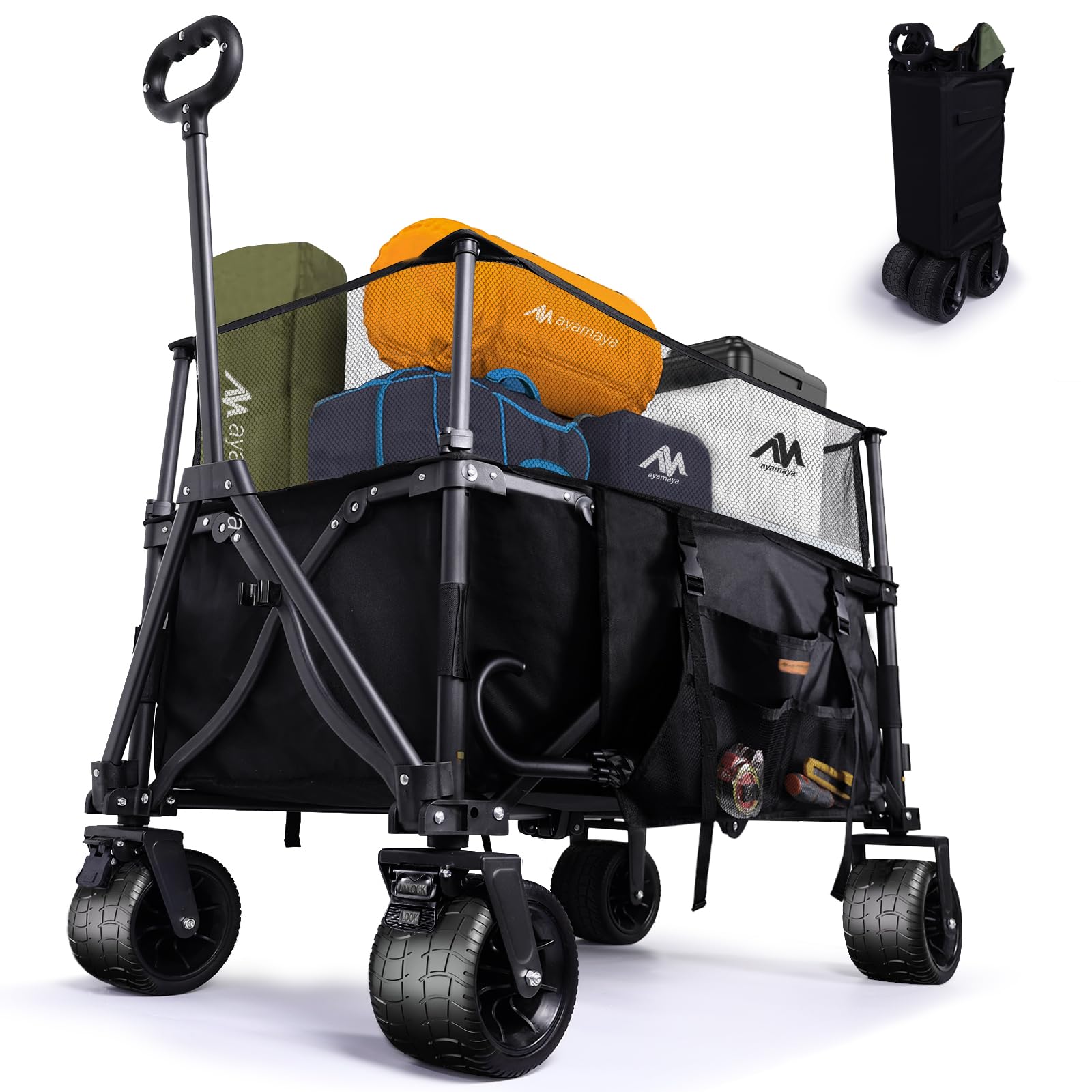 AYAMAYA Extra Large Collapsible Wagon with 225L Capacity up to 430LBS, Heavy Duty Big All-Terrain Wheels Utility Beach Wagon Cart with Side Pockets & Bottle Holders for Camping Garden Sport Festival