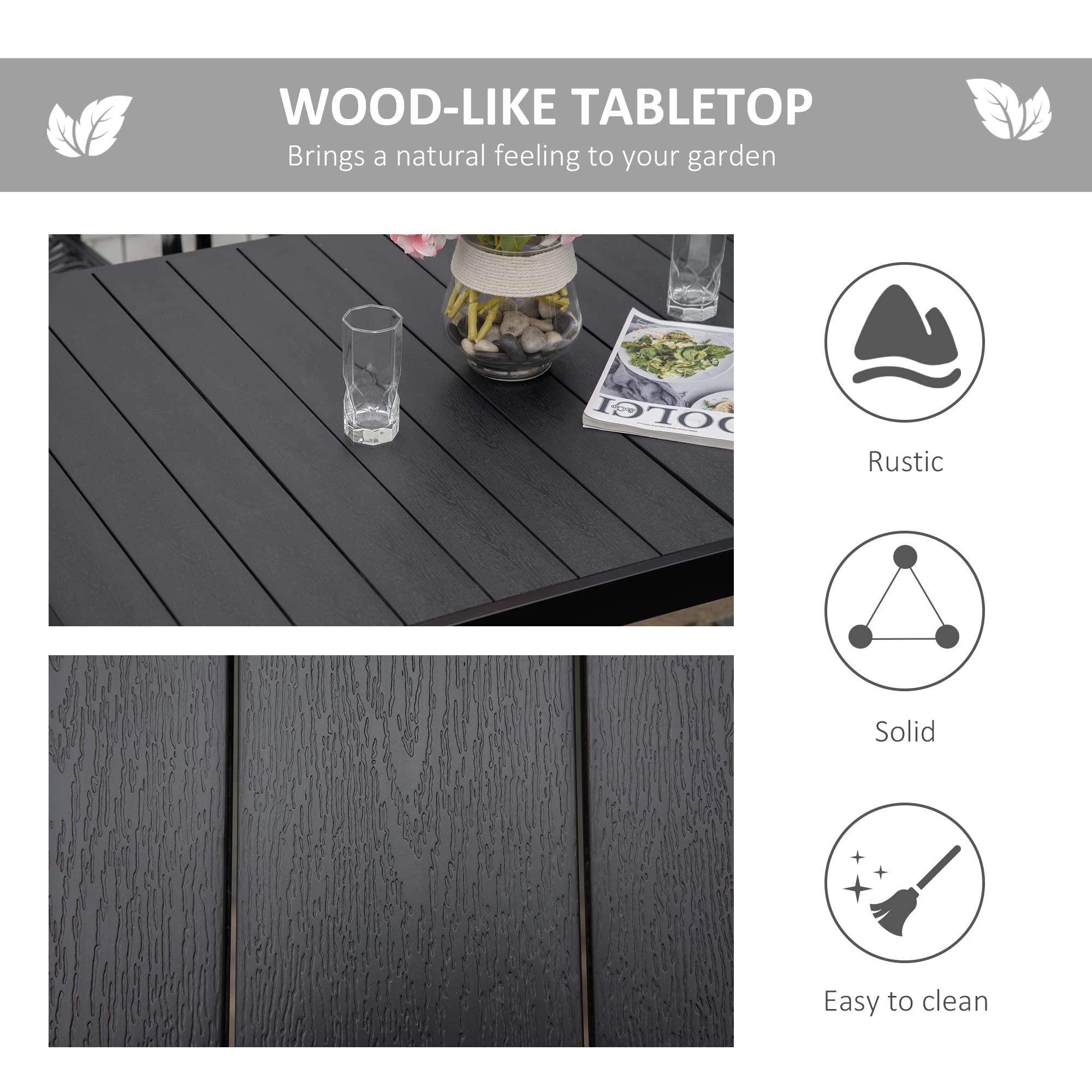 Mesa de comedor al aire libre para 6 personas, mesa rectangular de patio, patas de metal de aluminio para jardín, césped, patio, madera negra 3