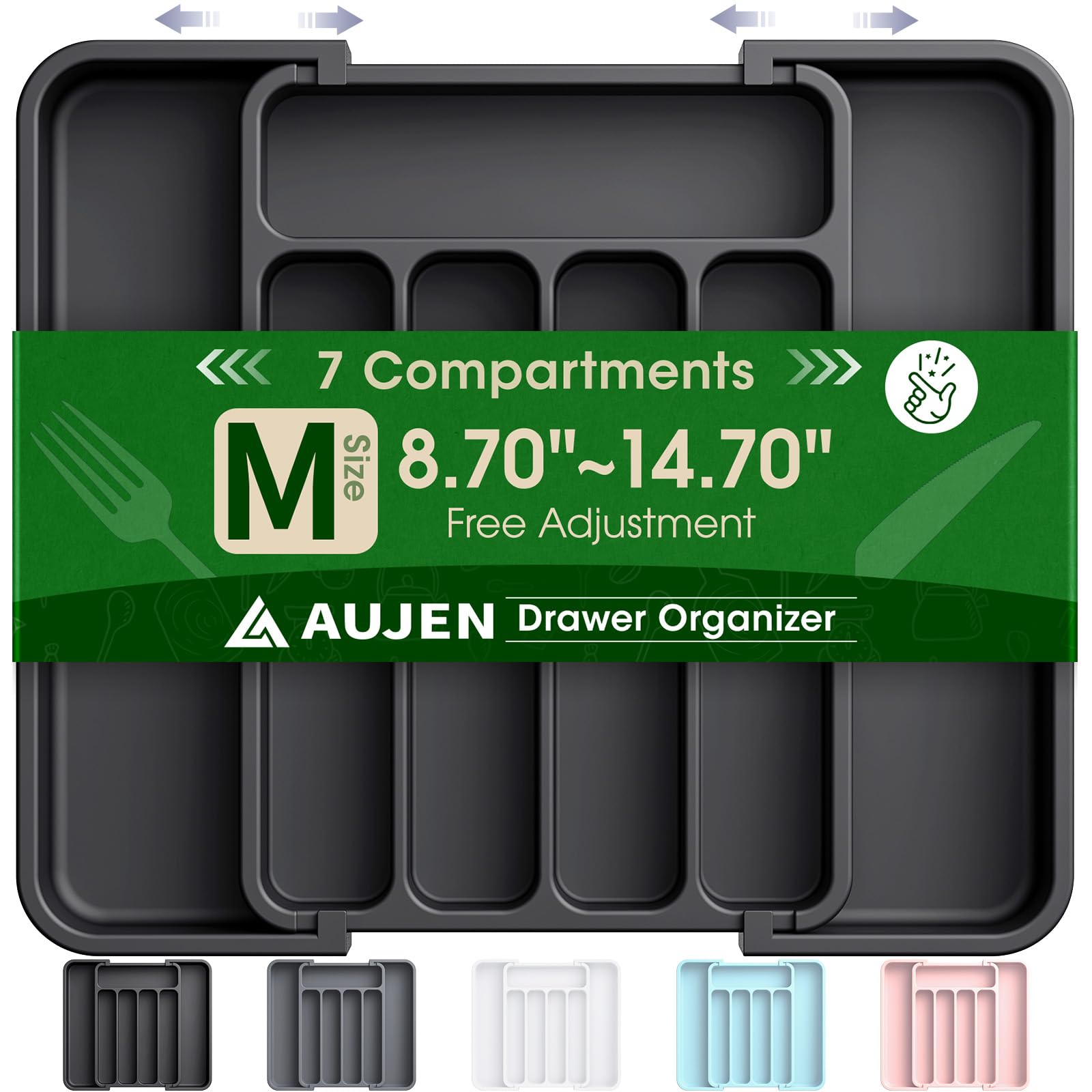 AUJEN Cutlery Organizer - Expandable Utensil Drawer Organizer, Adjustable Cutlery Tray Organizer, Multipurpose Silverware Kitchen Drawer Organizerr for Forks, Knives, Black, 31.0x4.2x22.0~37.5 cm