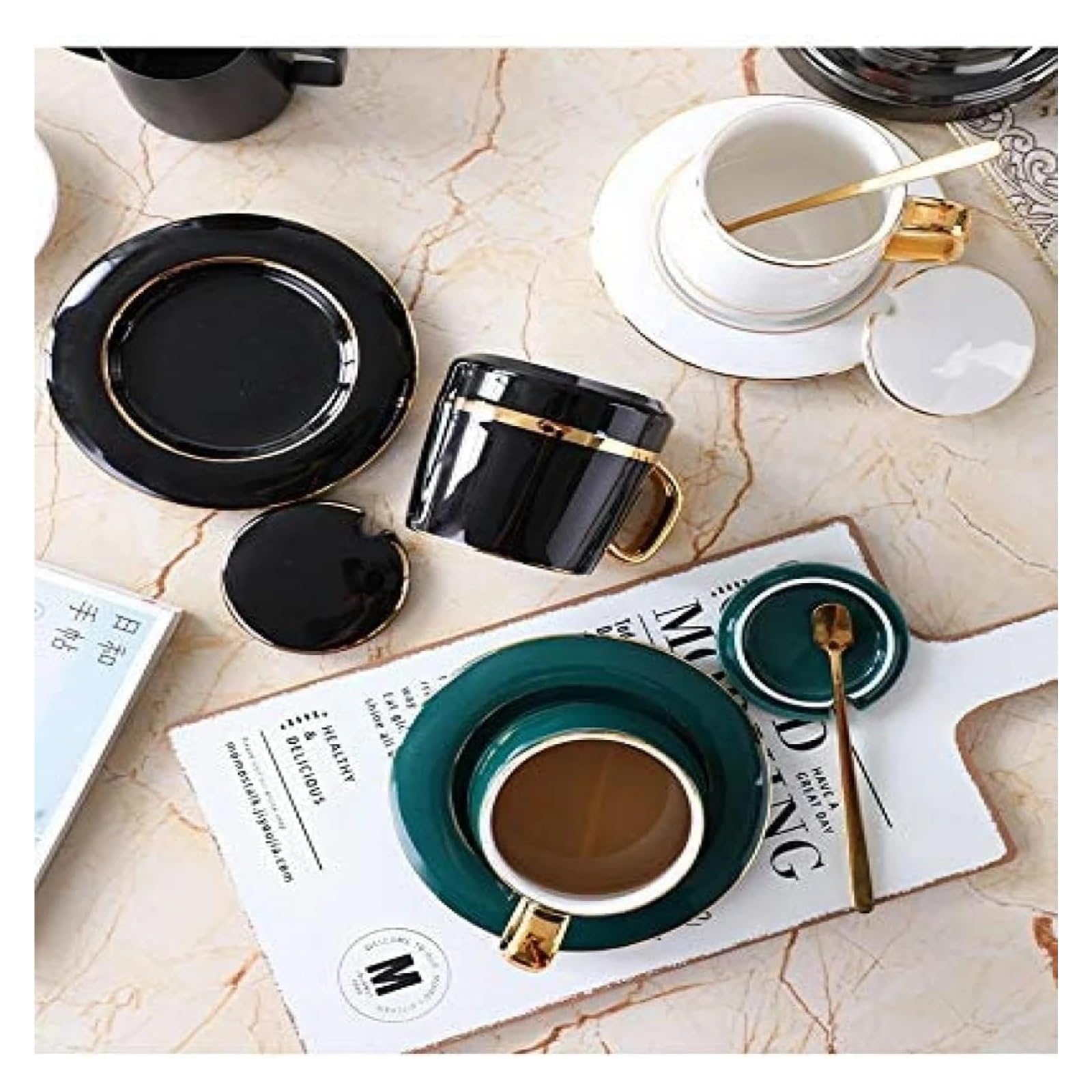 Tasse Mit Deckel Vintage-Design Keramik Kaffeetasse mit Deckel Holzgriff Retro Office Home Wassertasse einfaches Business-Trinken(White)