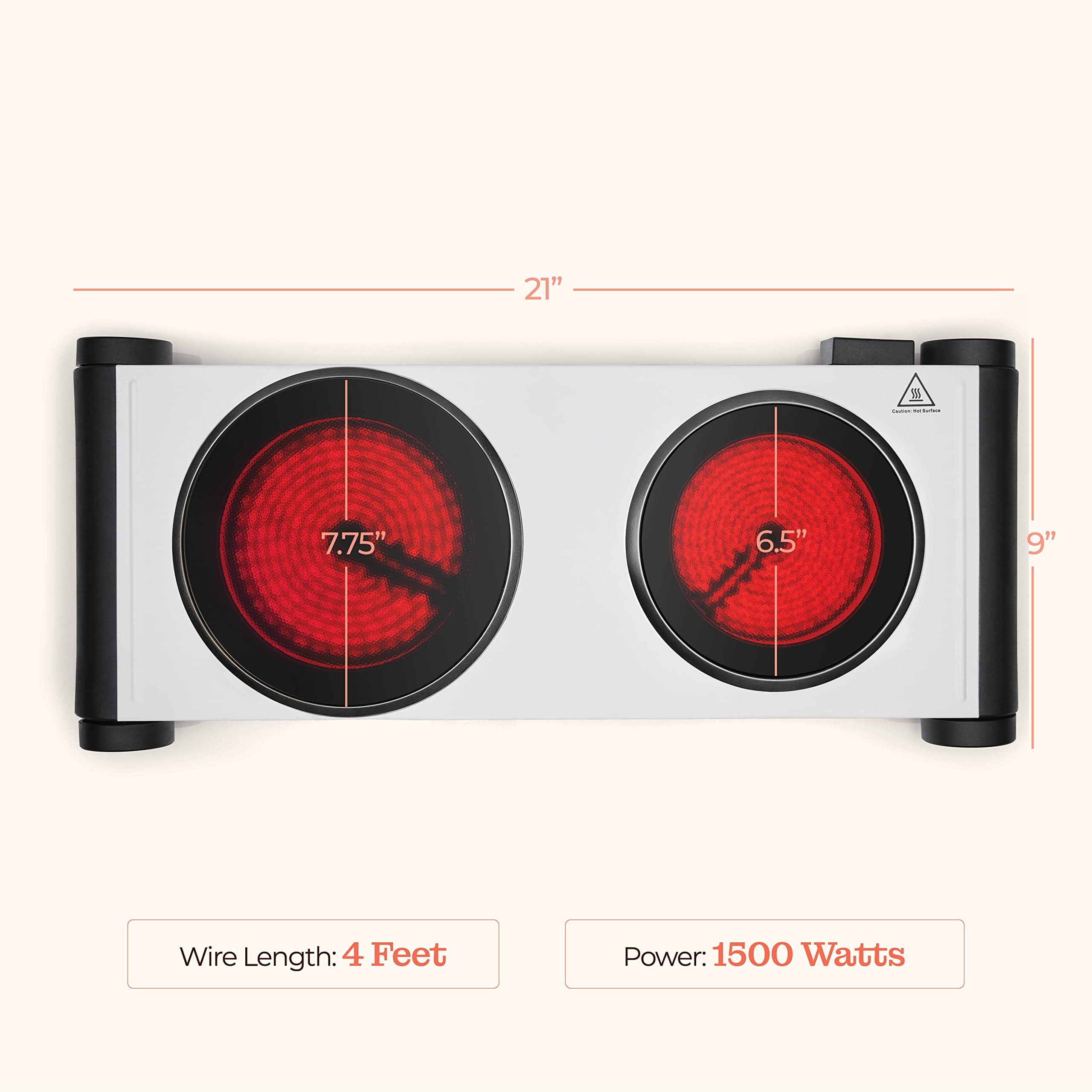 Electric Double Stovetop Cooking Hot Plate 1200W Infrared 7.3/4" Glass Ceramic Portable Stove Burners Cool Touch Handle Cooktop Keeps Food Warm Temperature Controls Electric Burner for Kitchen, Dorm