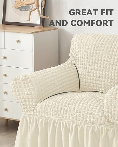 Miniatura 4 de Funda para sillón de 1 pieza con falda, duradera, lavable, de alta elasticidad, fácil ajuste, protector universal de muebles (1 plaza, beige)