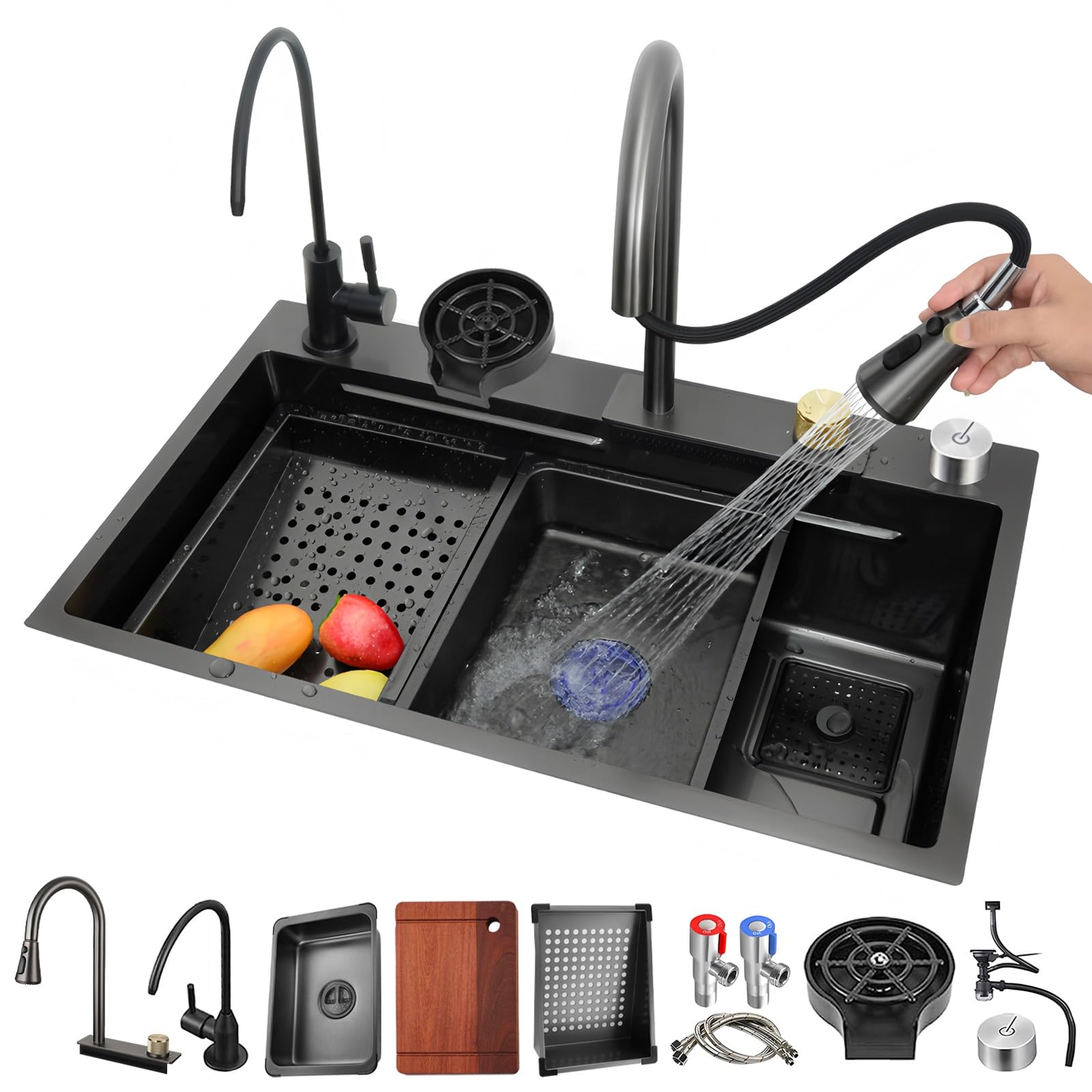 HYSOPSPX Large Single Bowl Workstation Sink,Stainless Steel Waterfall Sink,Multifunctional Kitchen, Integrated Faucet,Temperature-Controlled(Black,68x45cm)