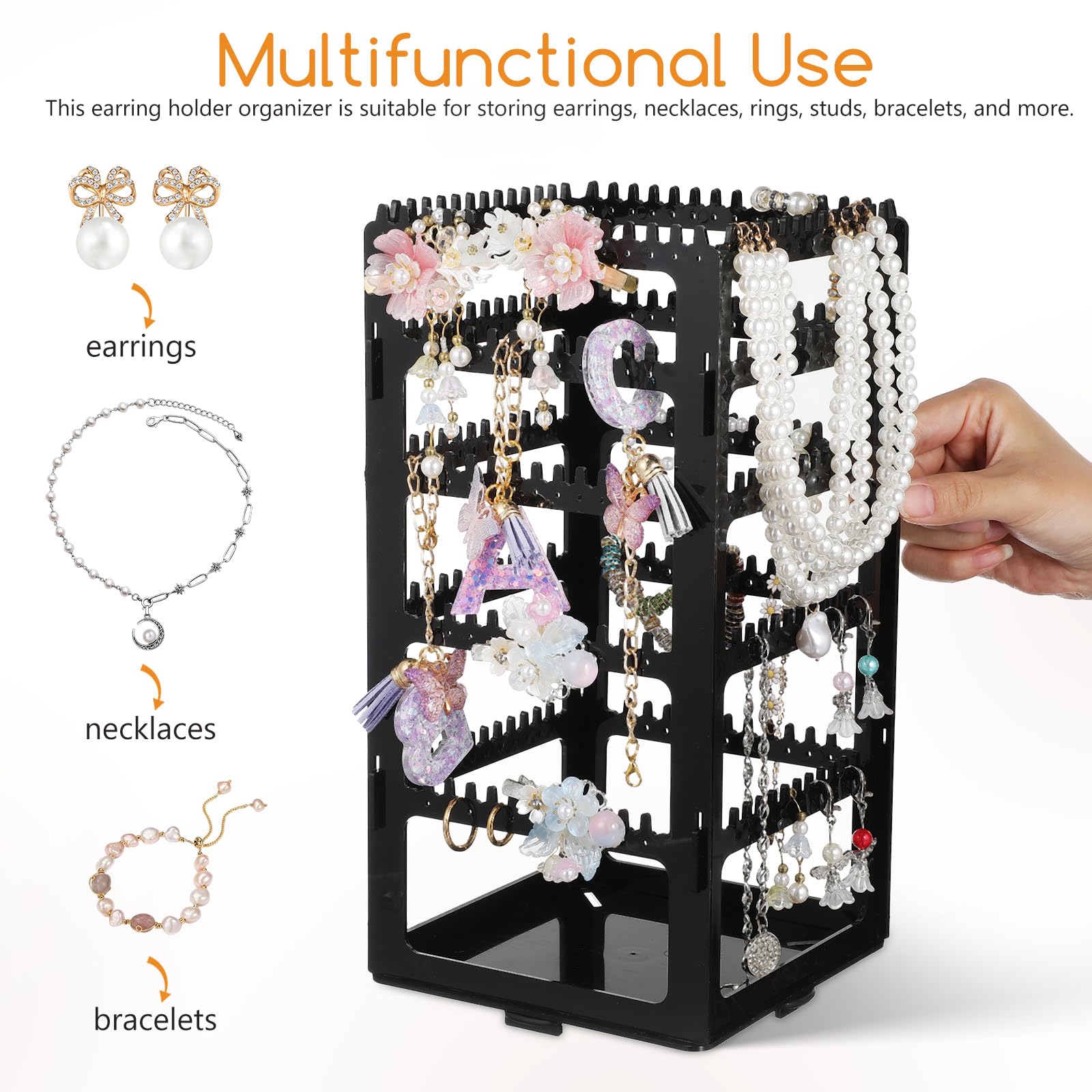 AOKWAWALIY Rotating Jewelry Display Stand 5 Tiers Acrylic Necklace Holder Black Bracelet Hanging Organizer Jewelry Earring Storage Large Capacity Jewelry Rack for Malls Counter Dressing Table