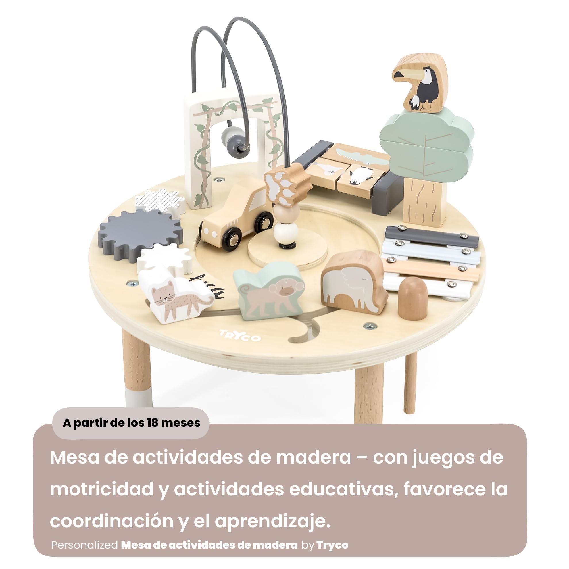 Personalizable Mesa de Actividades de Madera – Juegos de motricidad y Actividades educativas – para bebés y niños pequeños – Personalizada con Nombre – Tryco