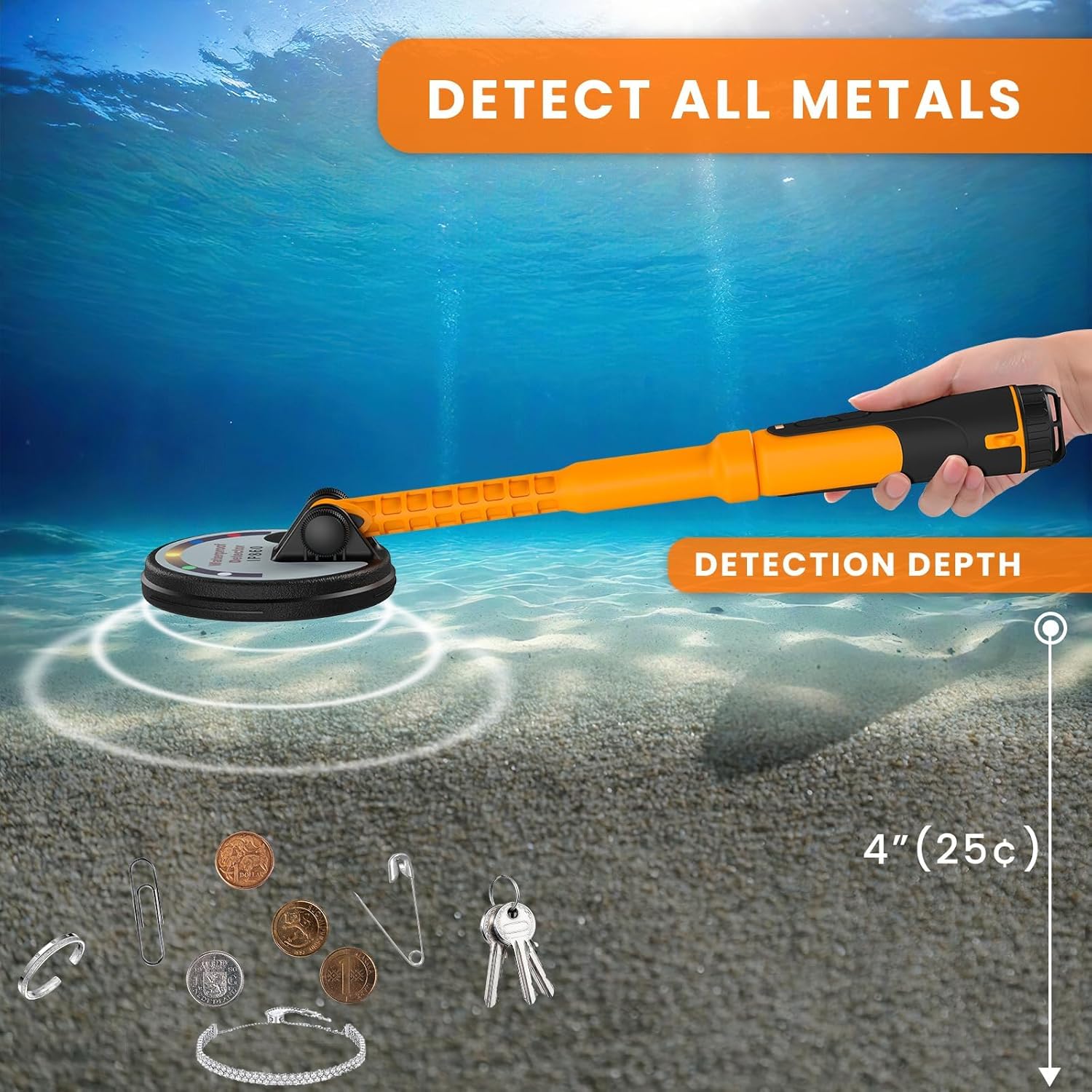 Metal Detector subacqueo Impermeabile Fino a 60 m, Portatile con Vibrazione, Luce e Segnale sonoro: Ideale per Caccia al Tesoro e Ricerca di Metalli!