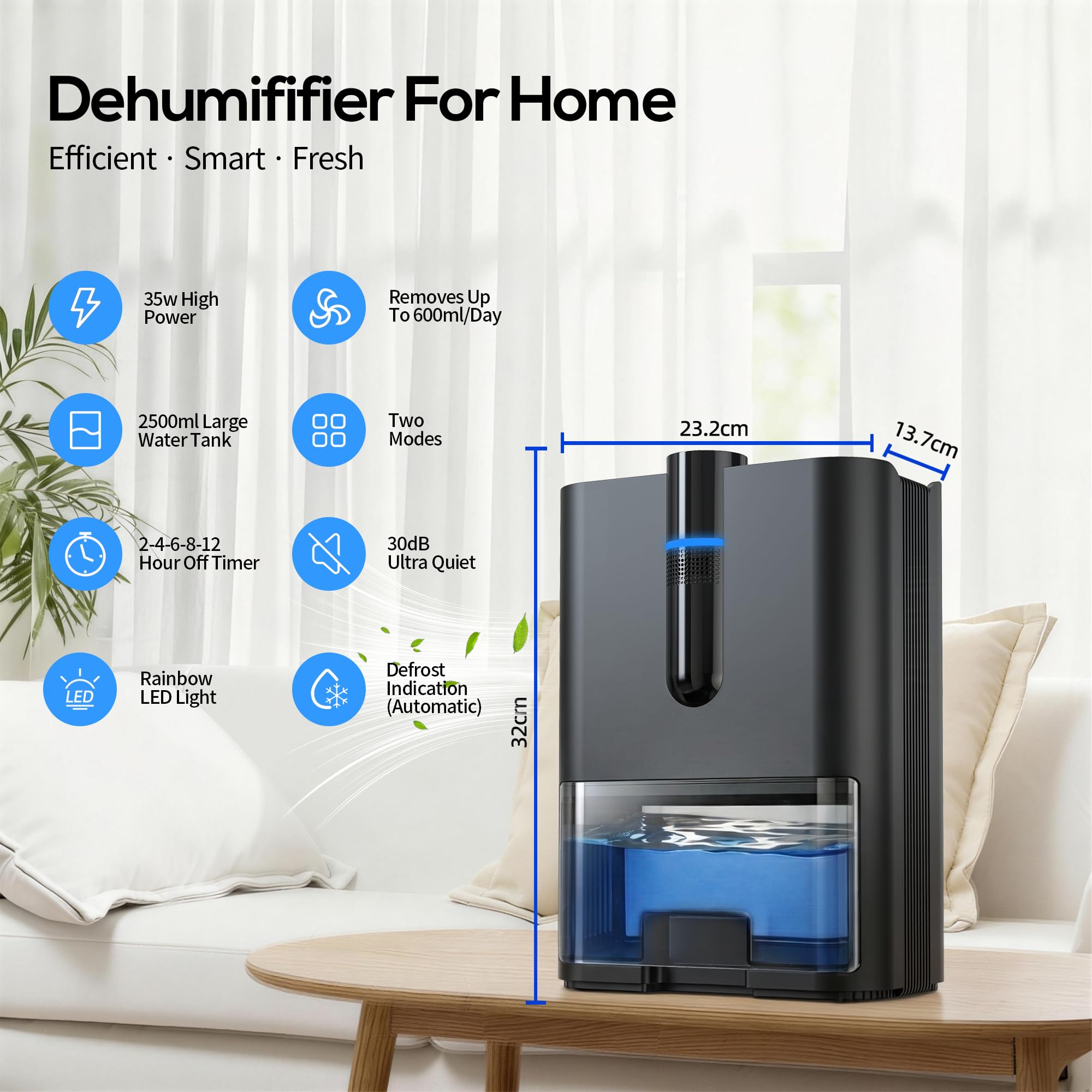 Deumidificatore Casa, 2500ML Dehumidifier per Casa Muffa, Deumidificatore Elettrico Silenzioso con Tubo di Scarico, Spegnimento Automatico, Modalità Sleep, Deumidificatori per Bagno,Camera,Armadio