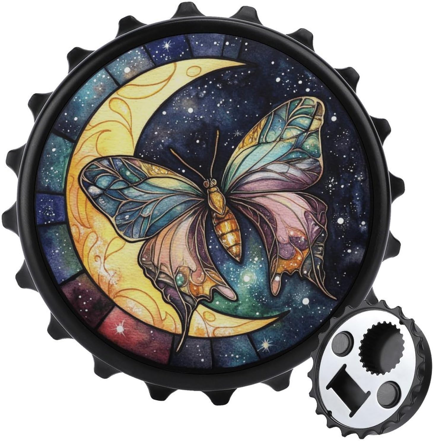 Lunar Moth And Moon Magnetic Bottle Opener for Pub Bar Watering Hole, Colorful Butterfly Decor 4-in-1 Bottle Opener, Bar Accessories, Fridge Magnets Gifts for Him, Pet Owner Gifts