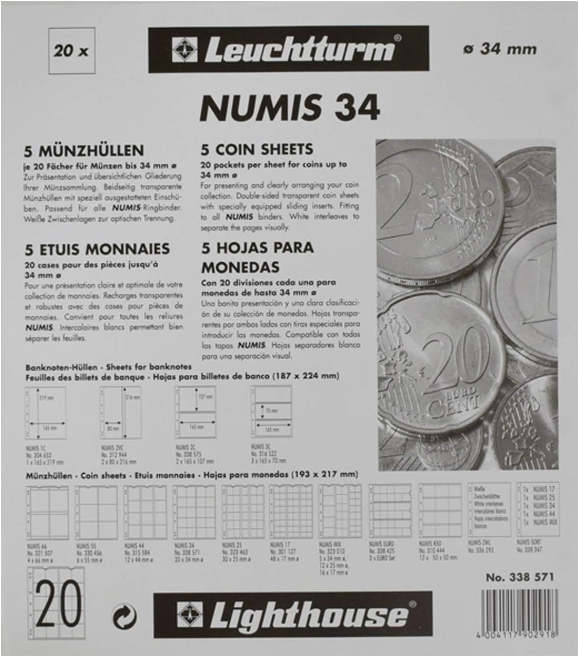 338571 Coin Sleeves Numis 34, 20 compartments for coins up to Ø 34 mm - 2, 5 and 10 euro commemorative coins - pack of 5