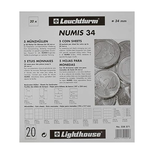Leuchtturm 338571 Manicotti per Monete NUMIS 34-20 Scomparti per Monete Fino a Ø 34 mm - Monete Commemorative da 2, 5 Euro, 10 Euro - Confezione da 5 Pezzi