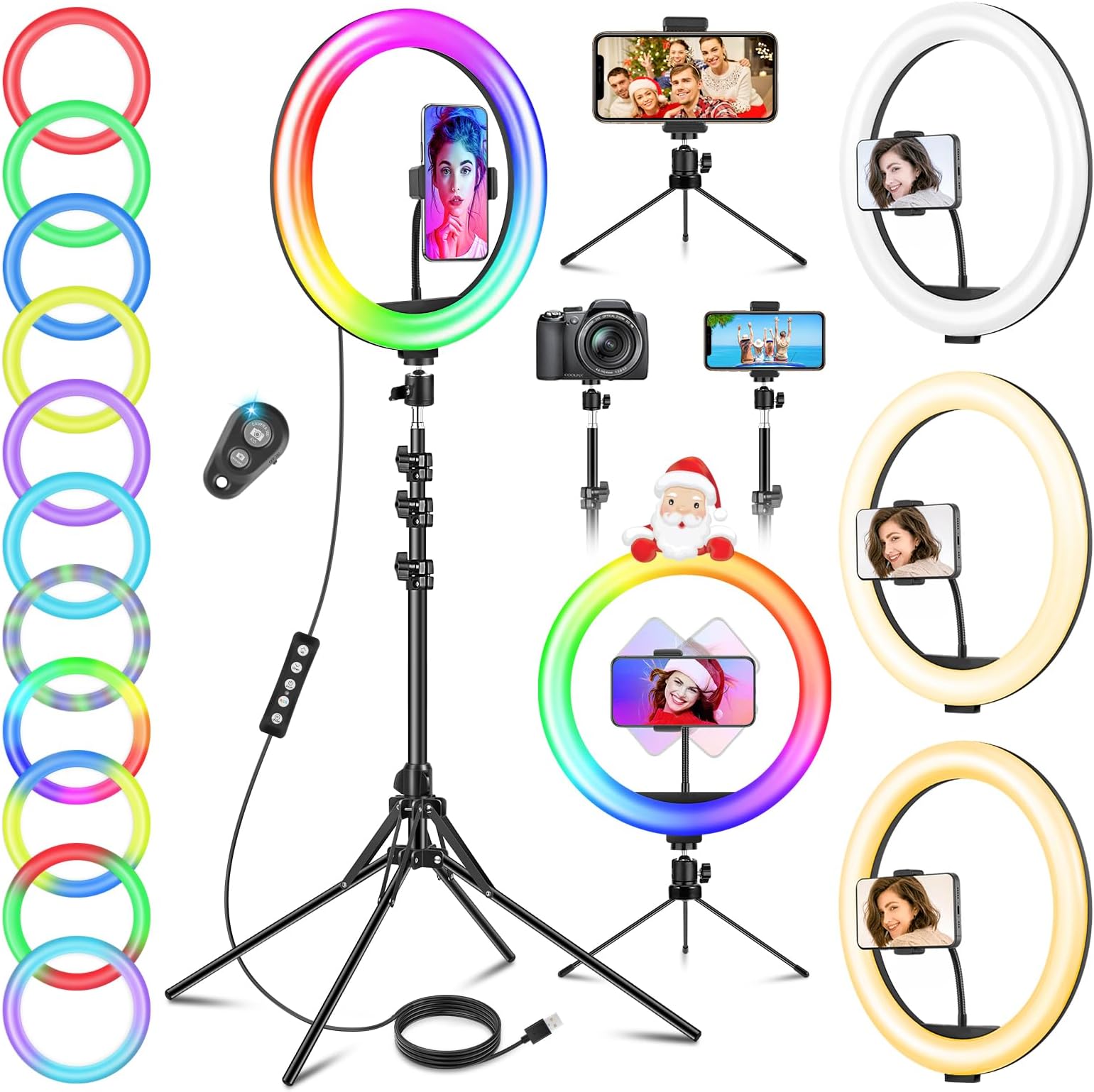 11.5'' Ring Light with Tripod Stand & Phone Holder Tall, LED Professional Selfie Circle Ringlight with Remote for Makeup YouTube, Floor/Desk USB Halo Lamp with 40 RGB Modes 13 Brightness