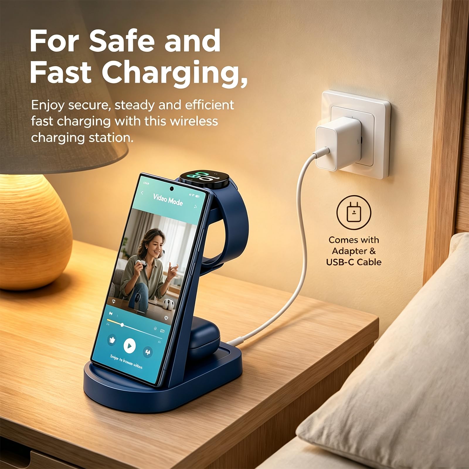 Stazione di ricarica wireless per Samsung/Android, stazione di ricarica wireless veloce compatibile per Samsung Galaxy S26 Ultra/S25/S24+/Z Flip 7/6 Fold 7/6, Watch8/7/Pro/Active 2 Galaxy Buds3/2 Pro