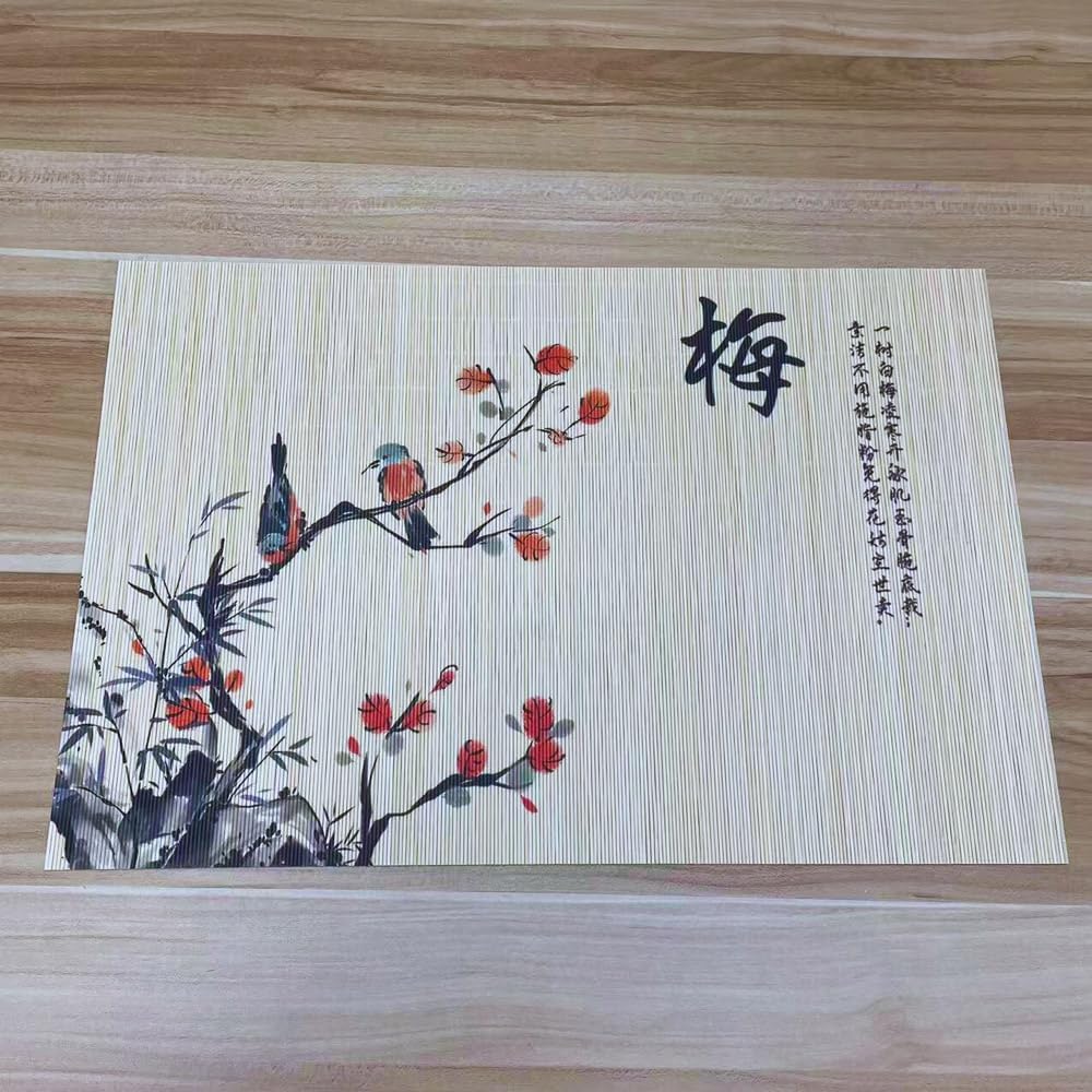 Bamboo Placemats Set of 4, Asian Style Table Mats Ancient Chinese Paintings Zen Floral Place Mats for Indoor Outdoor Kitchen Dining Table (Plum Blossom+Orchid+Bamboo+Chrysanthemum, Set of 4)