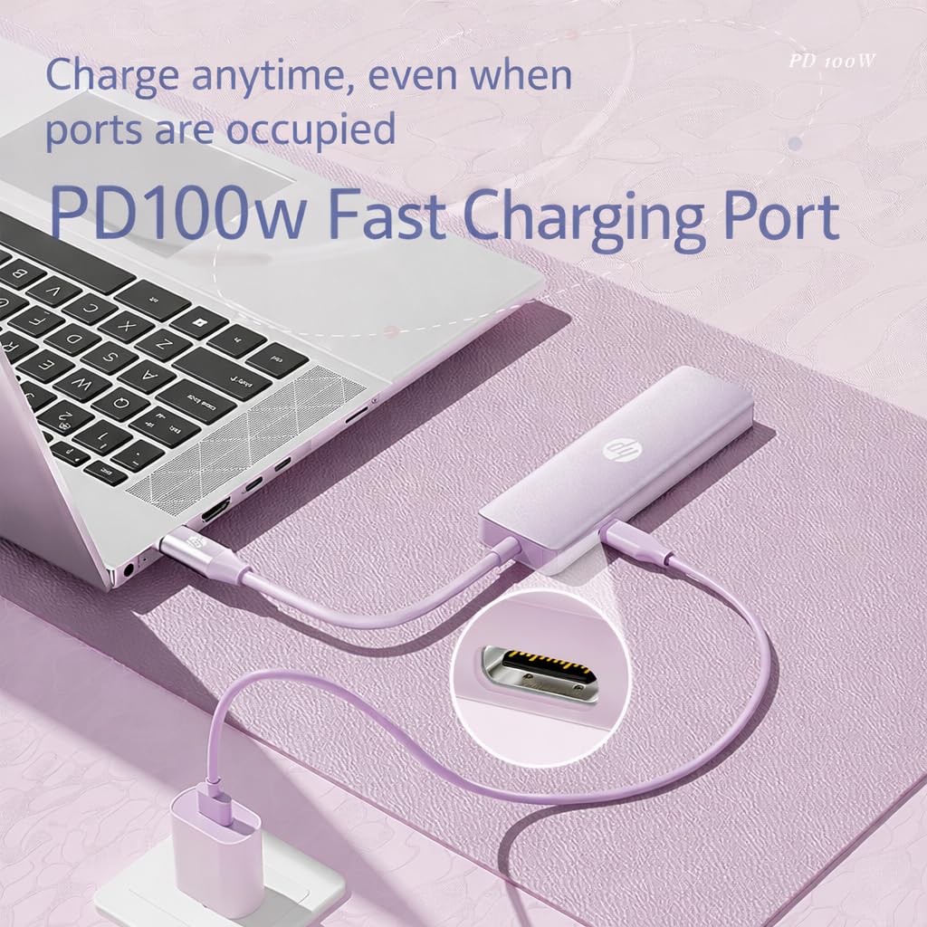 HP USB C Docking Station - 5-in-1 Multi-Port USB C Hub with 4K HDMI, 100W Power Delivery, for Laptops, MacBook, iPad, Thinkpad and More, Pink