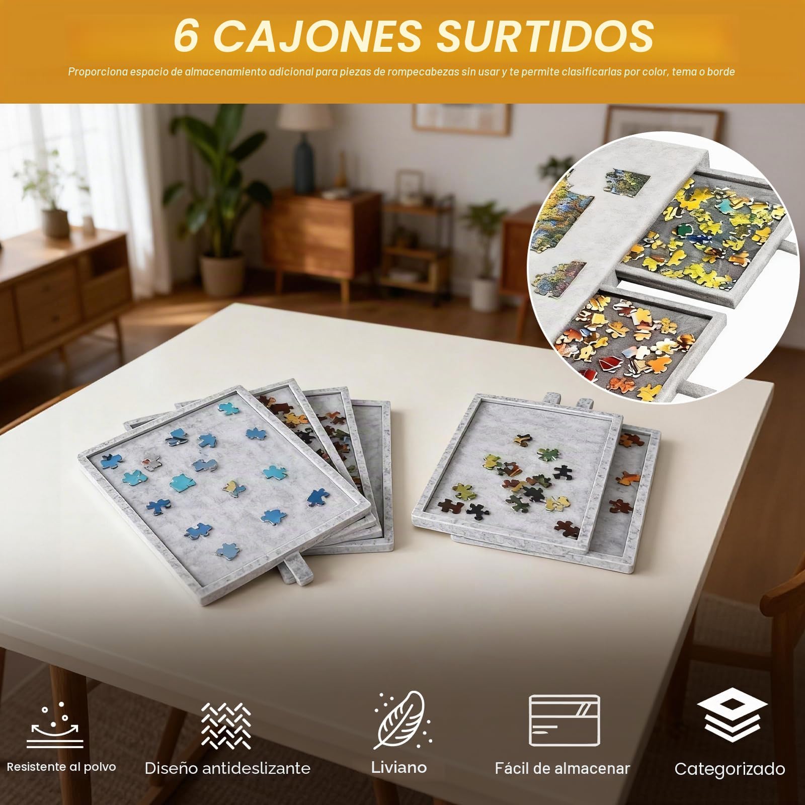 Tablero de Rompecabezas Plegable de 1000 Piezas, Tablero Rígido de Fieltro para Puzzle con Cubierta y Cajones de Clasificación, Portátil Mesa Puzzles, Gris Claro