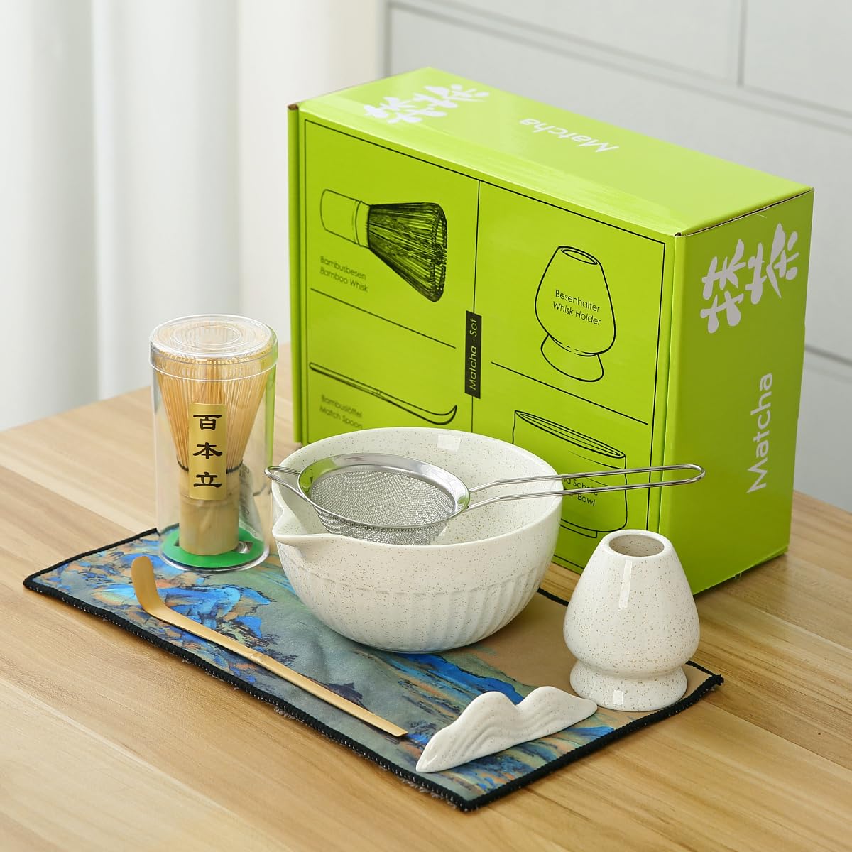 Japan Matcha Set Matcha Whisk Matcha Bowl with Pouring Spout Scoop Matcha Whisk Holder Tea Making Kit. 1 Japanese Tea Set (7pcs),Matcha Color,Color Box Packing, 15.2 Ounce (white)
