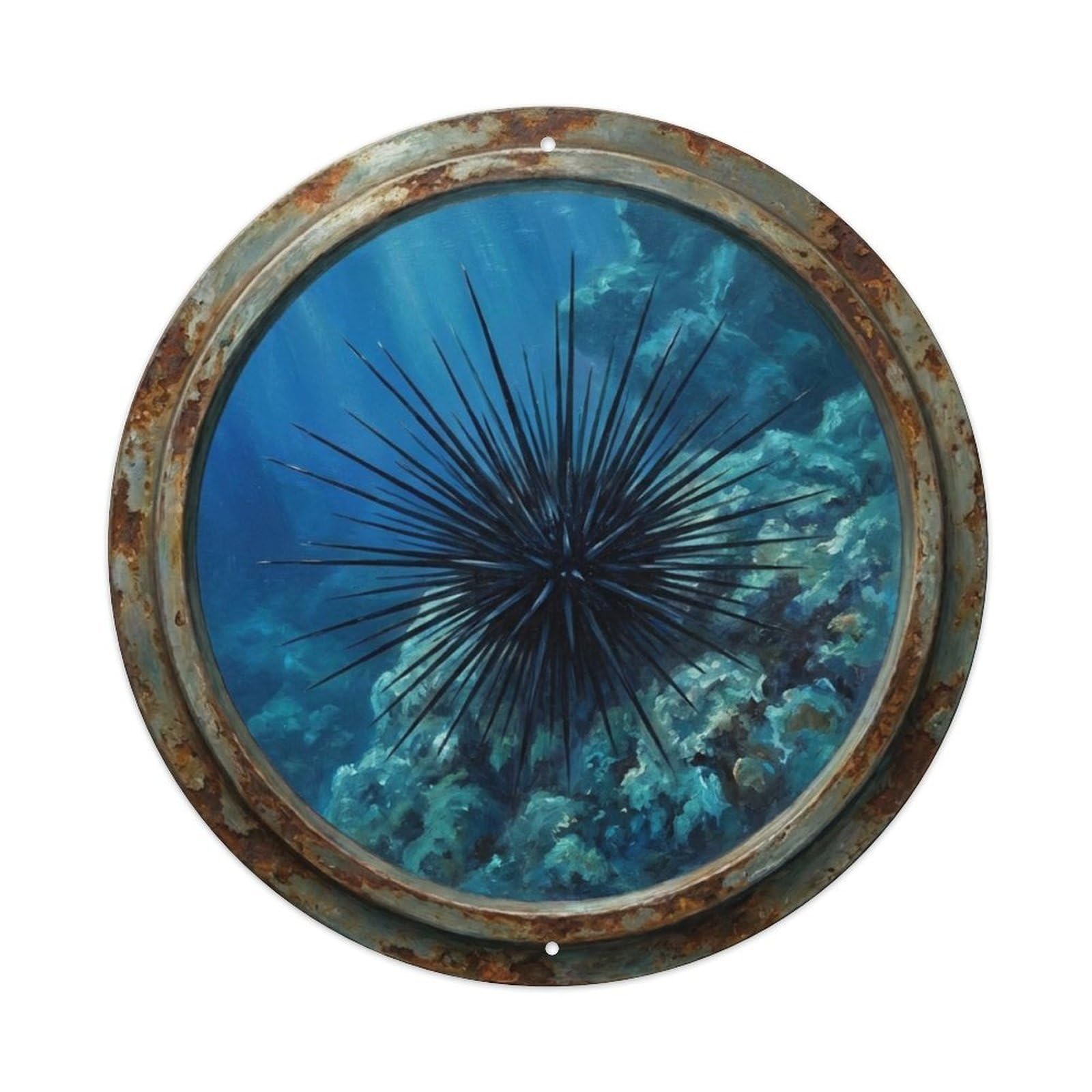 Vintage Porthole Sea Urchin Spine Ship Window Undersea Deep Metal Tin Sign