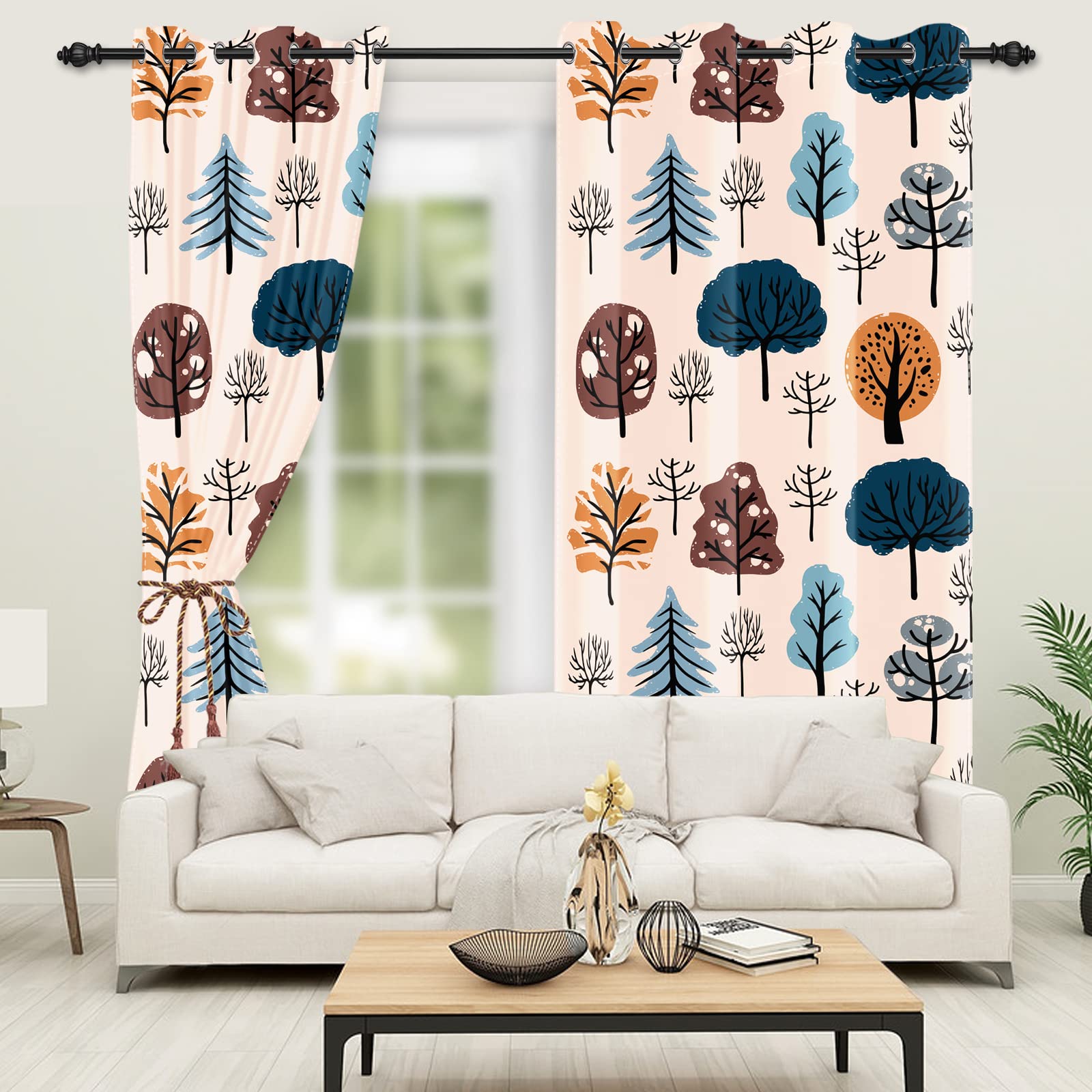 Renaiss Cartoon Tree Print Blackout Curtains 42W x 84L 2 Panel Set, Forest Trees Window Drapes for Kids Room Cute Woodland Window Curtain Panels for Bedroom, Grommet Top