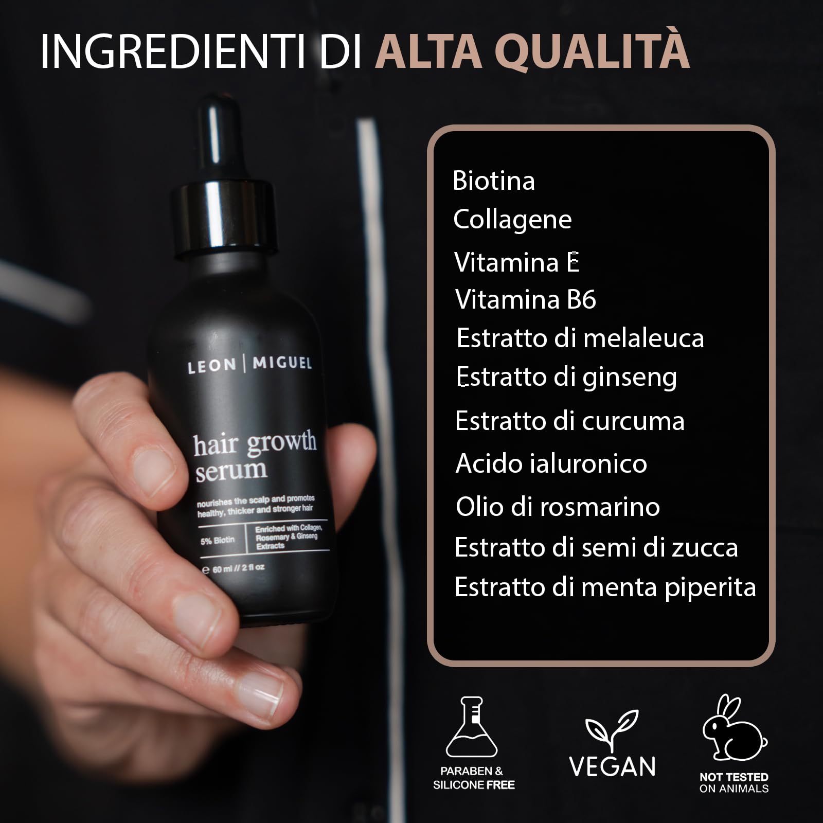 Leon Miguel Hair Growth Siero – Biotina 5% & Ginseng per una crescita più rapida dei capelli – Arresta la perdita di capelli, capelli più forti e spessi, siero anti-perdita di capelli per uomini e