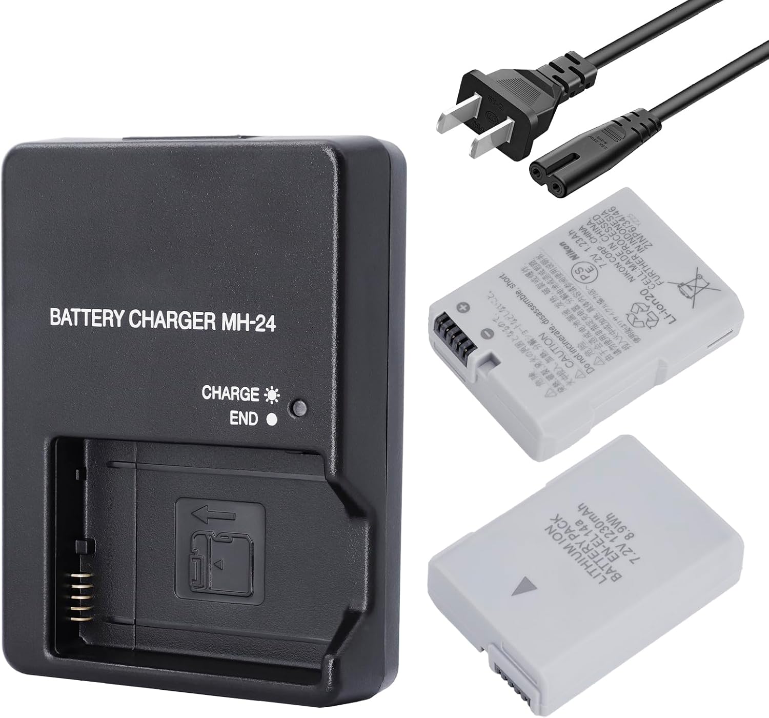 EN-EL14 EN-EL14A Battery 2 Pack 1230mAh with MH 24 Quick Charger for Nikon D3100 D3200 D3300 D3400 D3500 D5100 D5200 D5300 D5500 D5600 P7000 P7100 P7700 P7800 Camera Power Supply Cord
