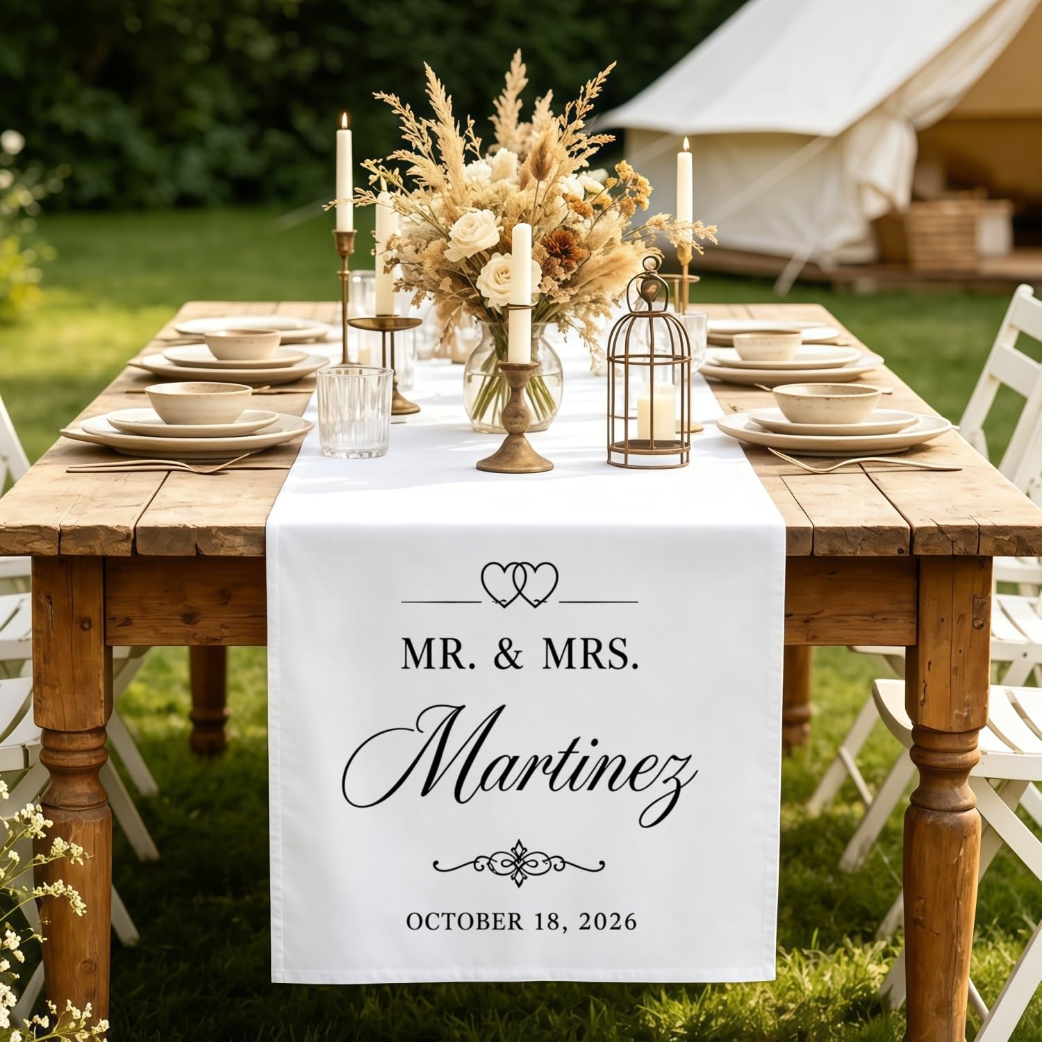 Custom Wedding Table Runner, Personalized Linen Fabric Banner with Name & Date, Hanging Wall Tapestry Decor for Sweetheart Table, Reception Party(S6)