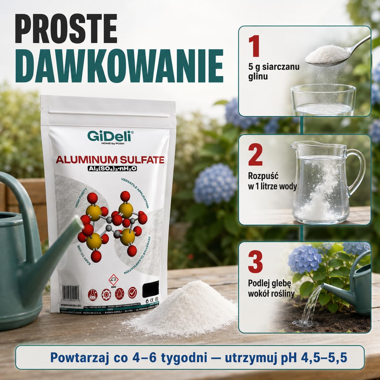 GiDeli Siarczan glinu 5 kg proszek 100% czysty – flokulant do uzdatniania wody i oczyszczania basenu – delikatny środek do zakwaszenia gleby do niebieskich hortensji – sól izolacyjna i środek do
