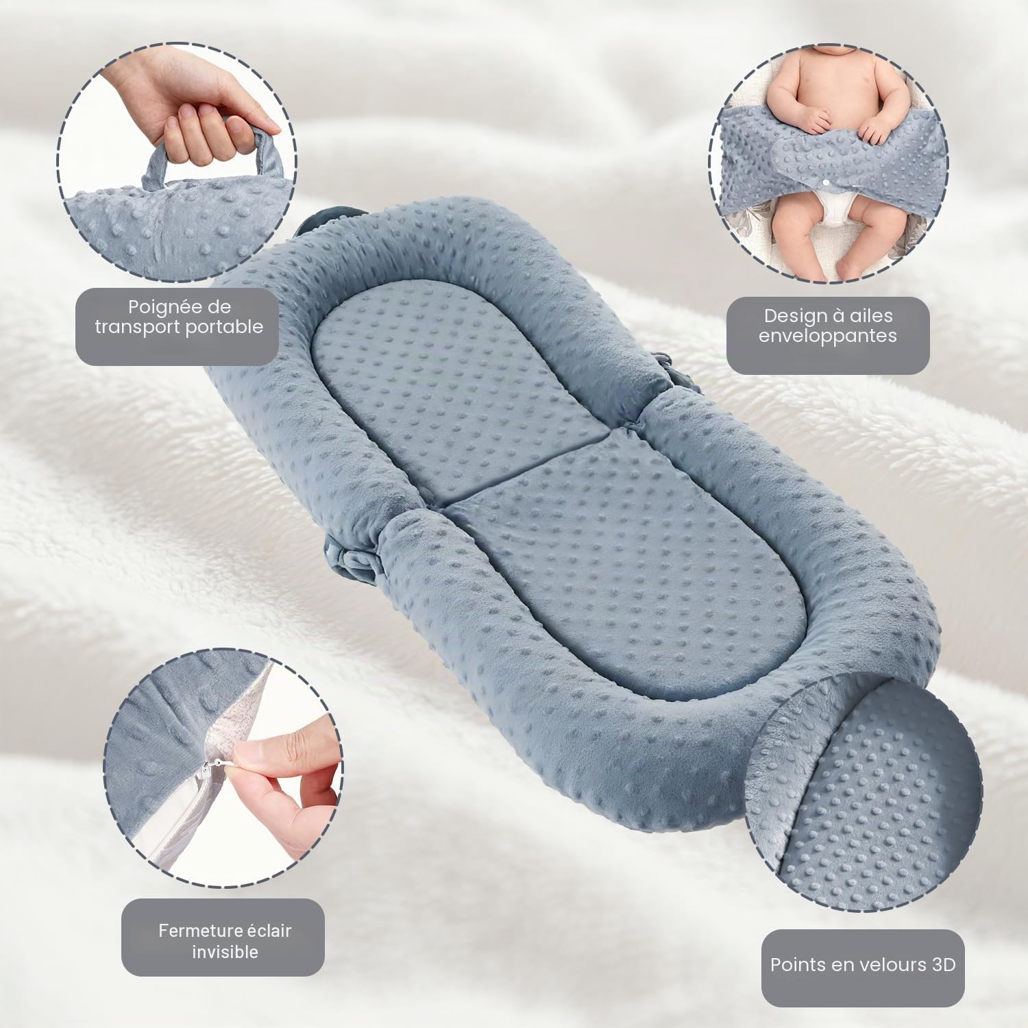 Nid bébé Babynest pour nouveau-né, 0 à 24 mois Chaise longue portable 3-en-1, coussin de ventre pliable et soutien assise bébé, housse amovible 100% coton et velours, idéal cadeau naissance
