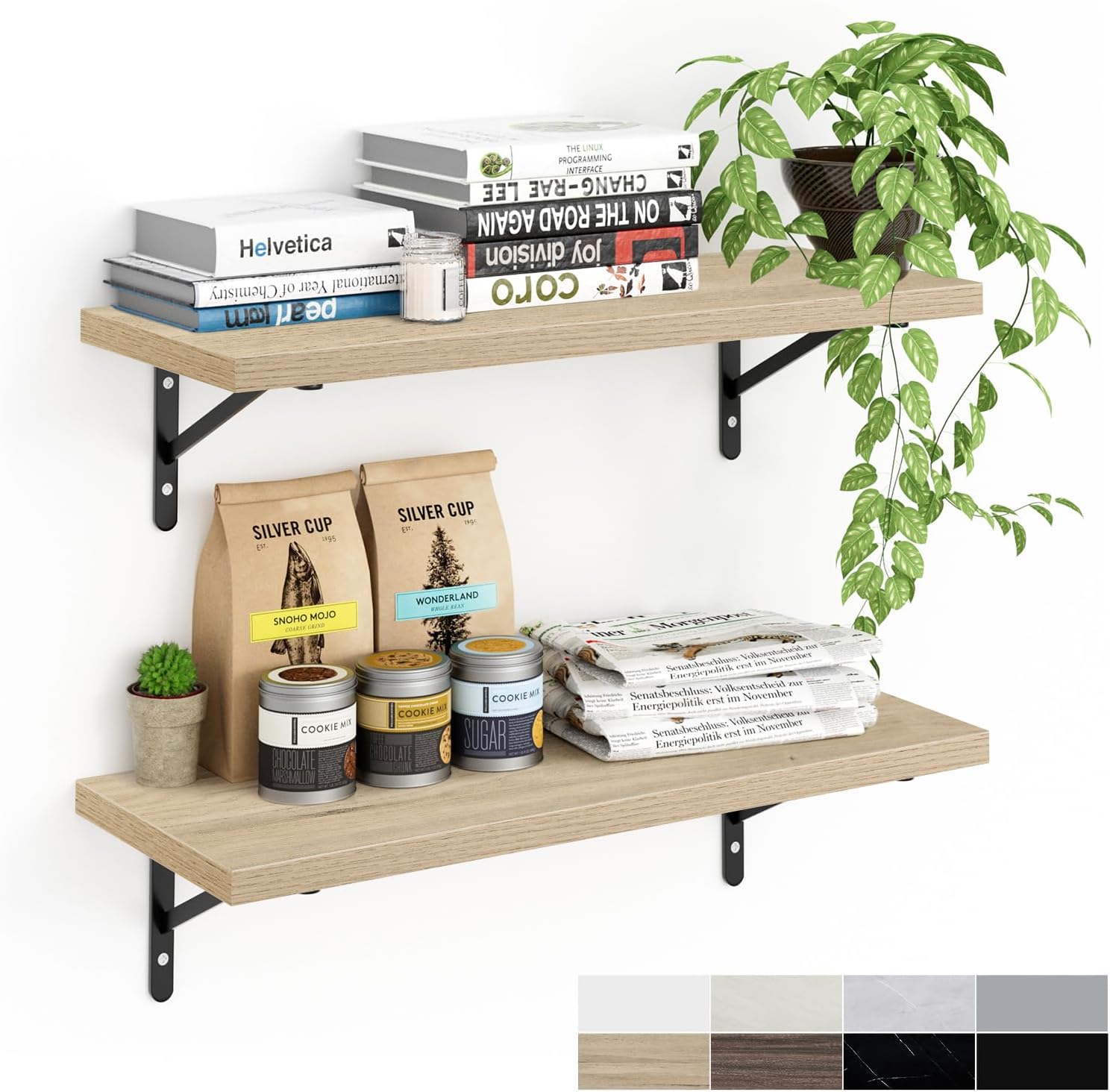 Kaboon 27 inch Long 10 inch Deep Floating Shelves for Wall Set of 2, Large Open Shelves Wall Mounted, Space Saving Home and Commercial Use, Oak 27" x 10" Oak