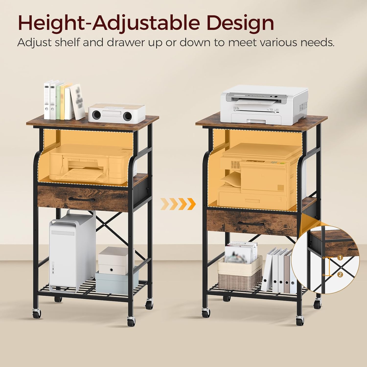 Tall Printer Stand, 3 Tier Printer Cart with Storage, Industrial Printer Table on Wheels, Adjustable Shelf & Fabric Drawer, for Home Office Study Rustic Brown PTHR5401