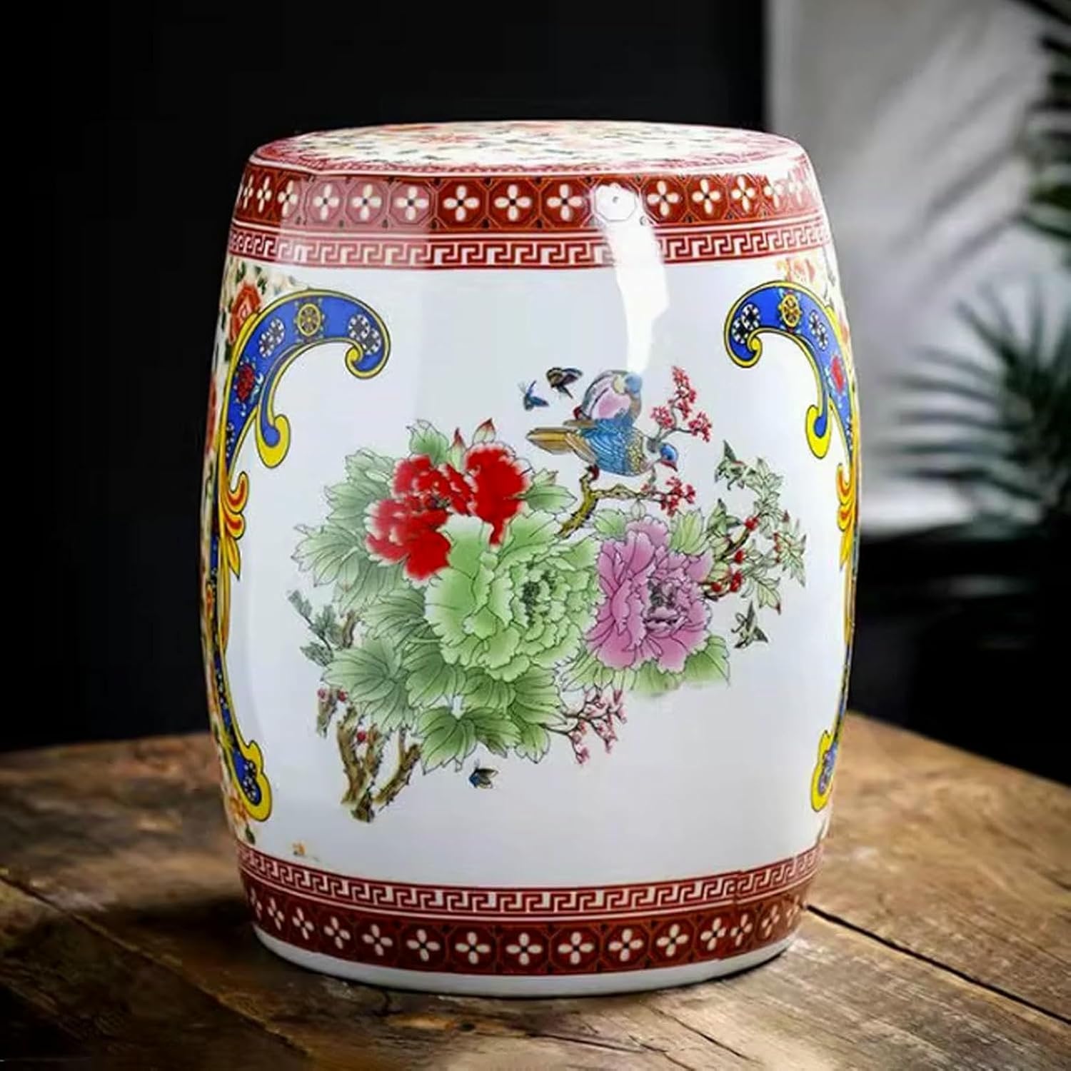 Ceramic Decorative Garden Stool, Ceramic Drum Garden Stool, Decorative Garden Stool Glazed, Chinoiserie Ceramic Drum Garden Stool with Floral Design