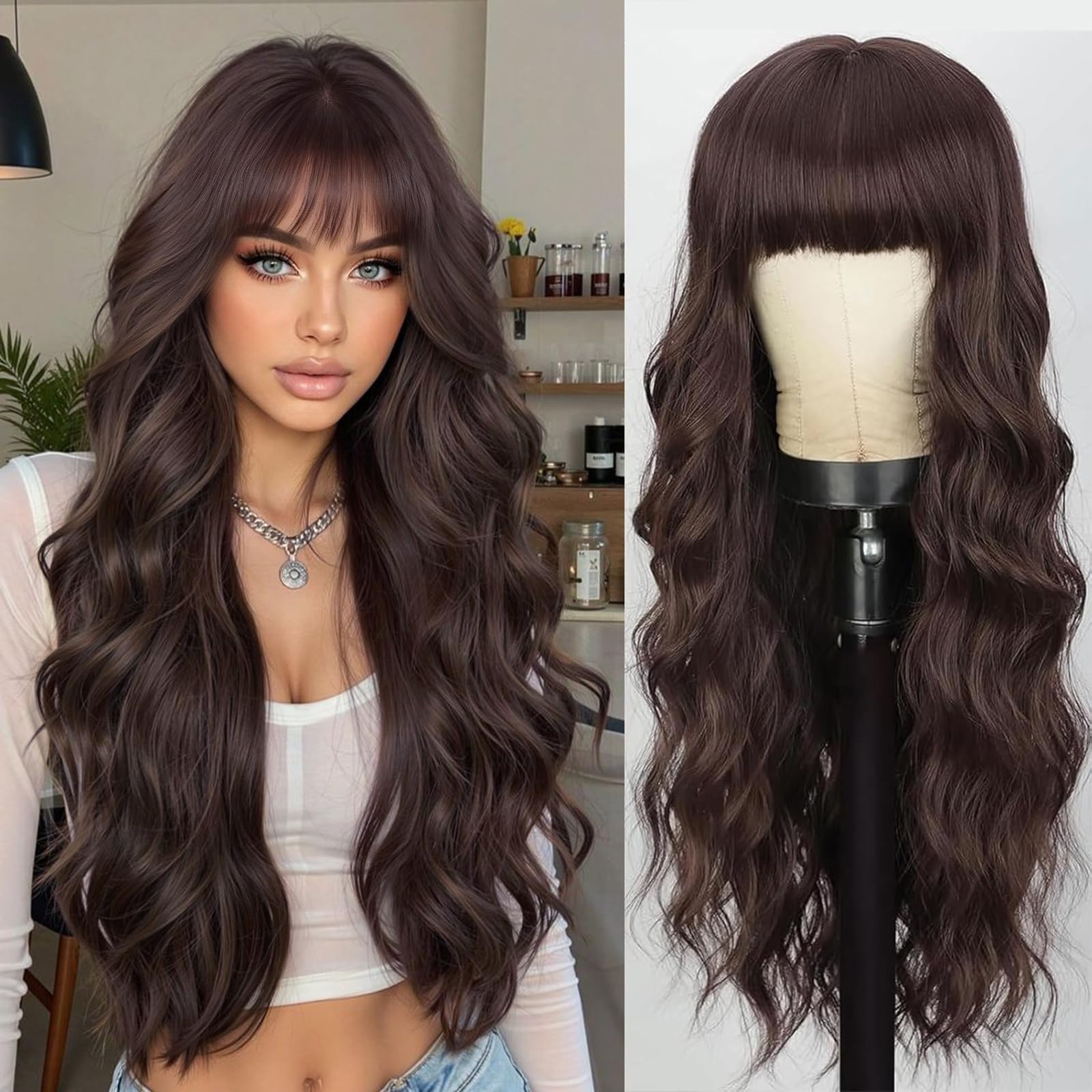 Lativ Brown Wig With Bangs Long Wavy Reddish Brown Wigs Synthetic Heat Resistant Curly Wigs for Women Daily Party Use 26 Inches