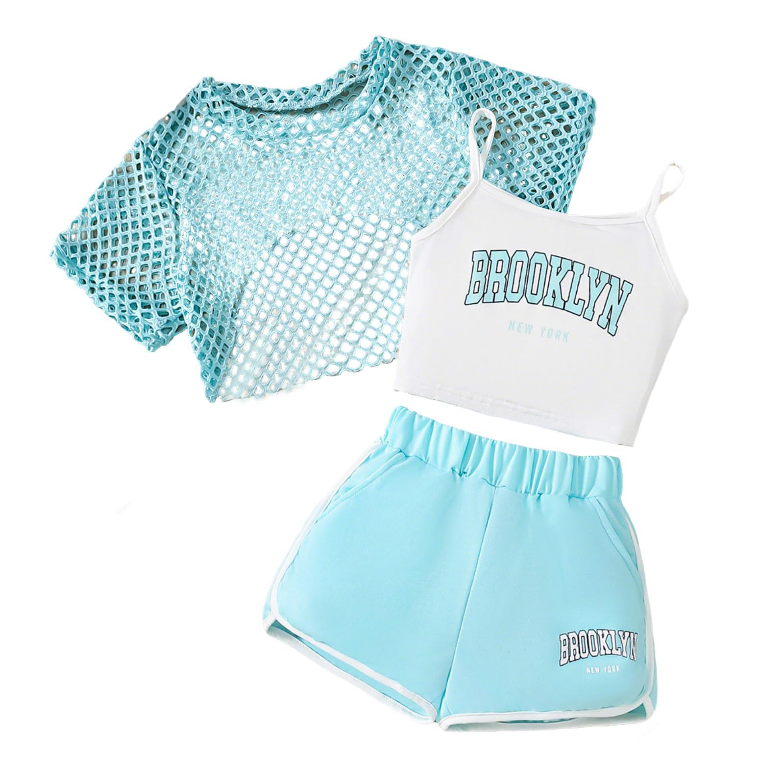 Générique Tenue Streetwear Ado Fille 10 À 16 Ans, Top sans Manches en Résille À Lettres, Short Oversize Léger – Vêtement Urbain, Habit De Sortie, Tenue Décontractée pour L’Été