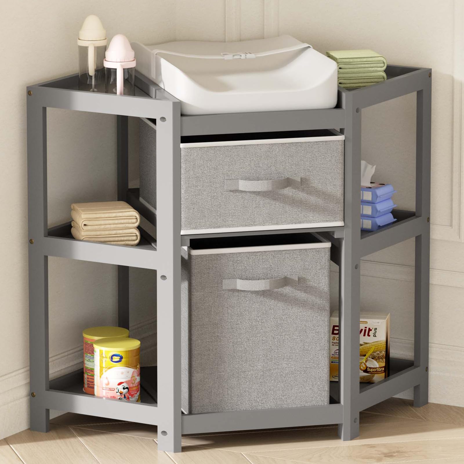 Glaf Baby Changing Table Diaper Changing Station Corner Diaper Changing Table with Storage Bin, Laundry Hamper and Pad (Grey)