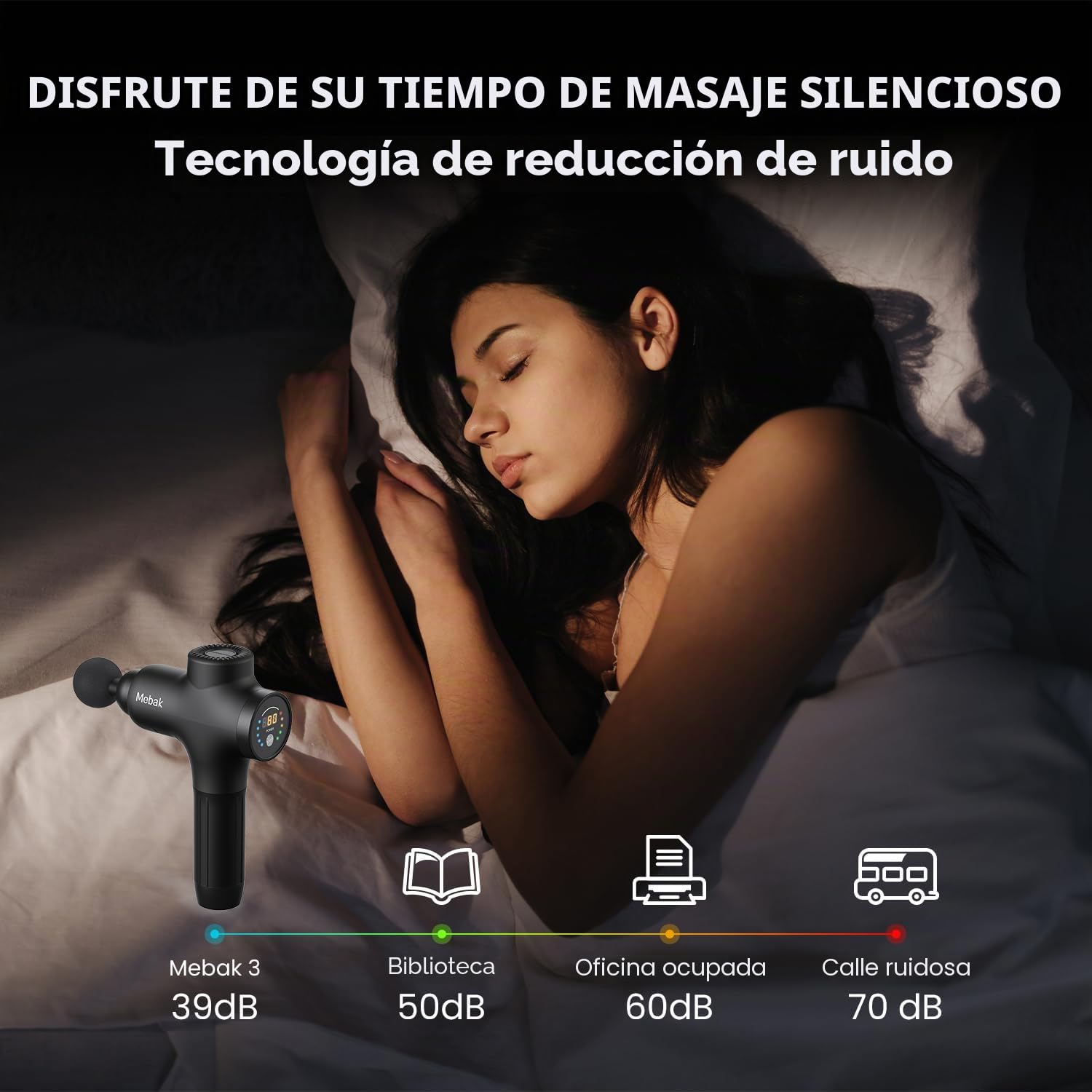 Mebak Pistola de Masaje Muscular Profesional Masajeadora Eléctrica Percusión Tejido Profundo 7 Cabezas 5 Velocidades Amplitud 12mm
