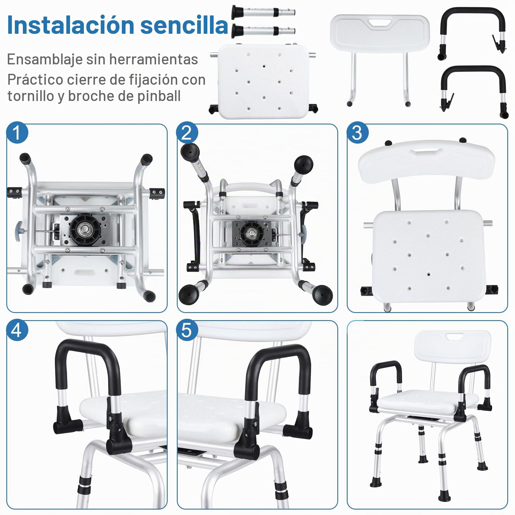NArra 360° Taburete de Ducha Giratorio, Silla de Ducha Ajustable con Respaldo y Apoyabrazos, Silla de Baño para Embarazadas, Ancianos, Discapacitados, Carga hasta 180kg