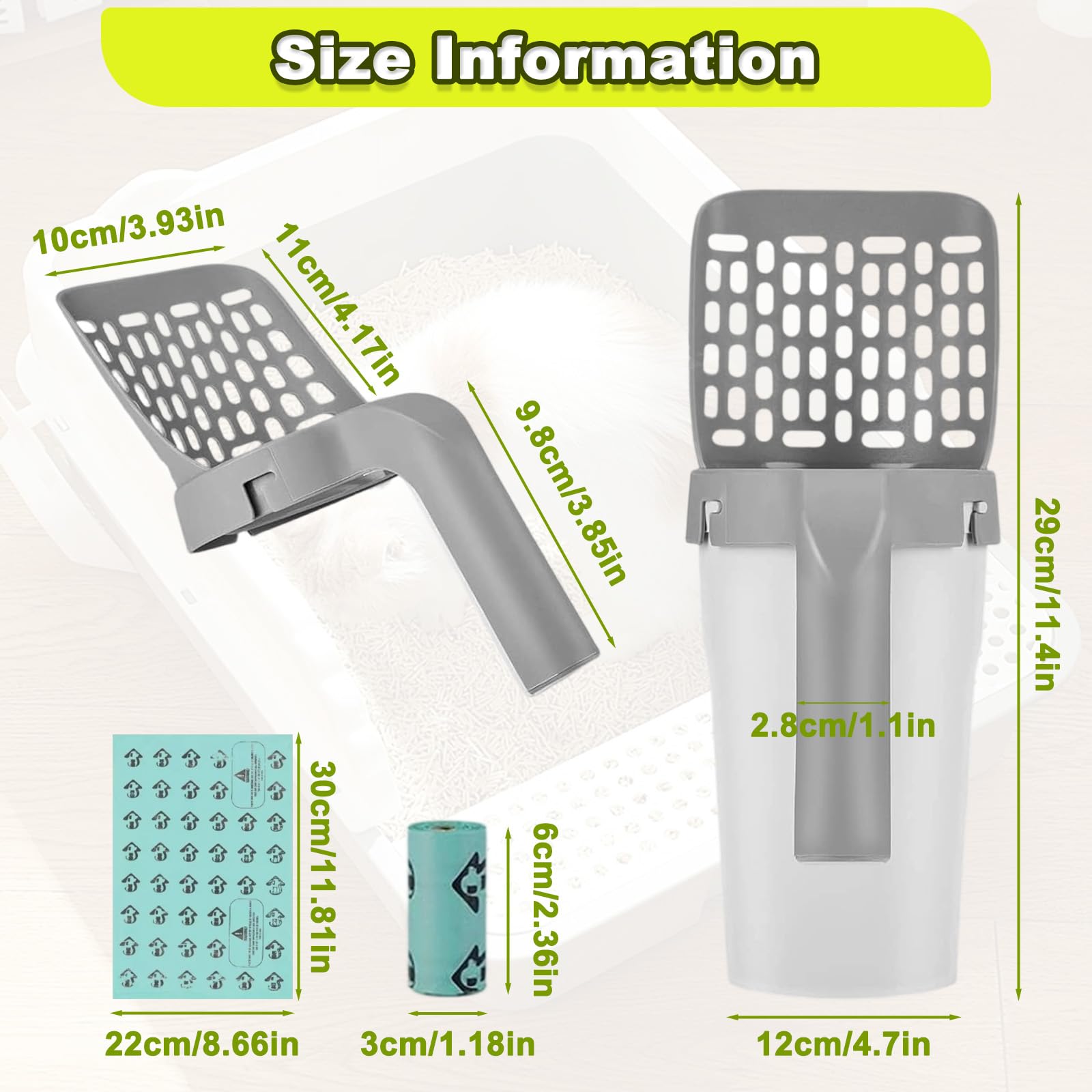 Pelle Litière Chat avec Support & Sacs Poubelles, Pelle Crottes Portable pour Animaux, Ramasse Déchets Gande Capacité, Accessoire pour Chat, Pelle Litiere Intégrée Multifonctionnelle