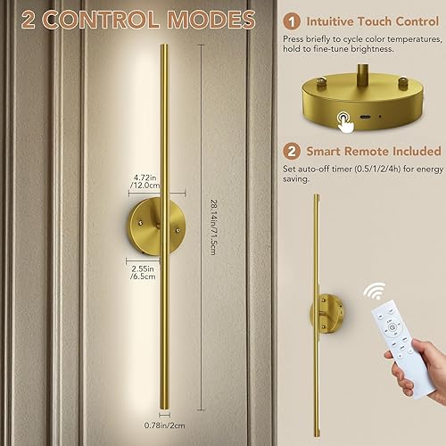 Miniatura 4 de TONYFUL Juego de dos apliques de pared a pilas, lámpara de pared recargable con bombillas regulables de 6000 mAh y control remoto, 3000K-6500K luces