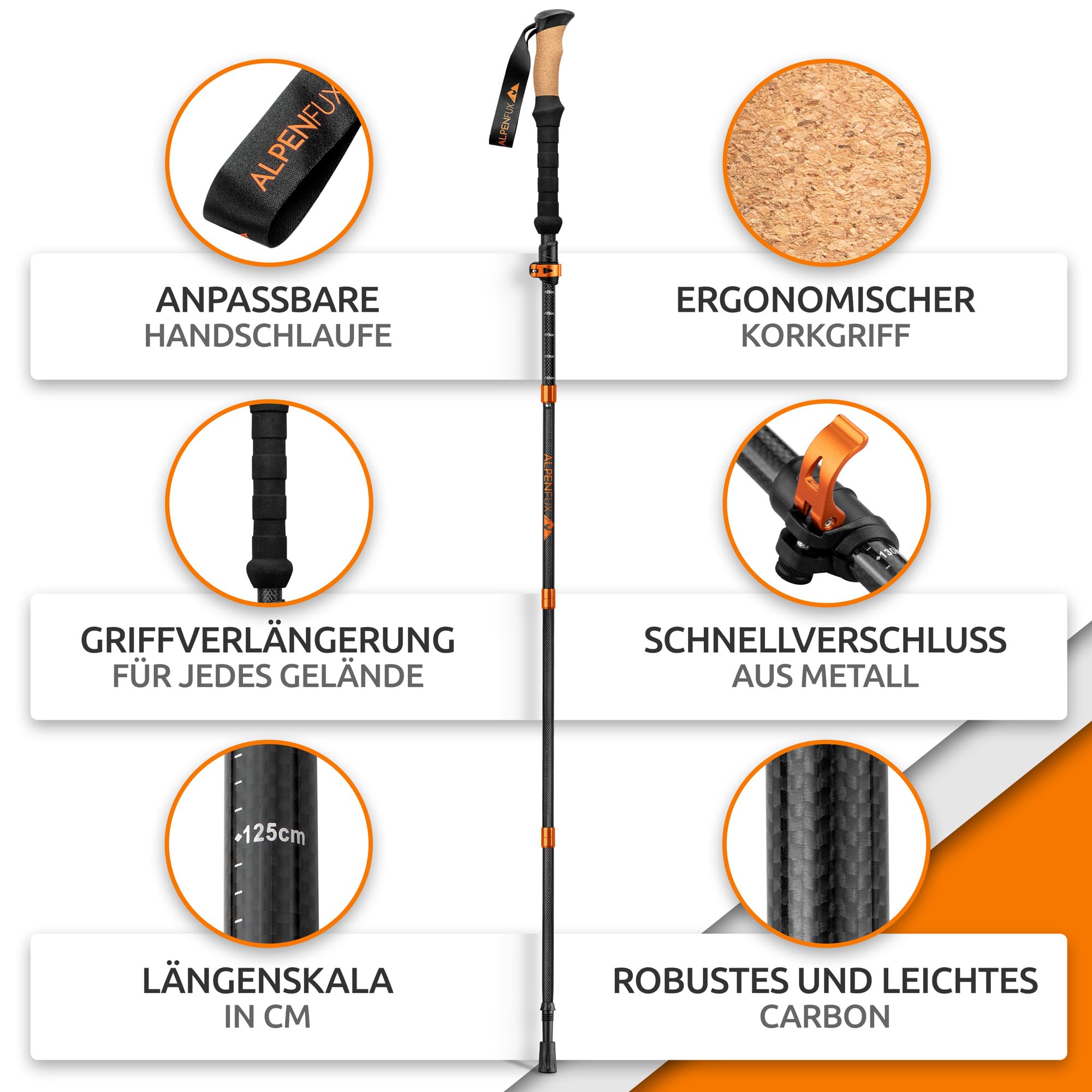 ALPENFUX® Bastoni da trekking pieghevoli, bastoncini da trekking, bastoncini da nordic walking, leggeri e regolabili con chiusura a morsetto e manico in sughero per uomo e donna