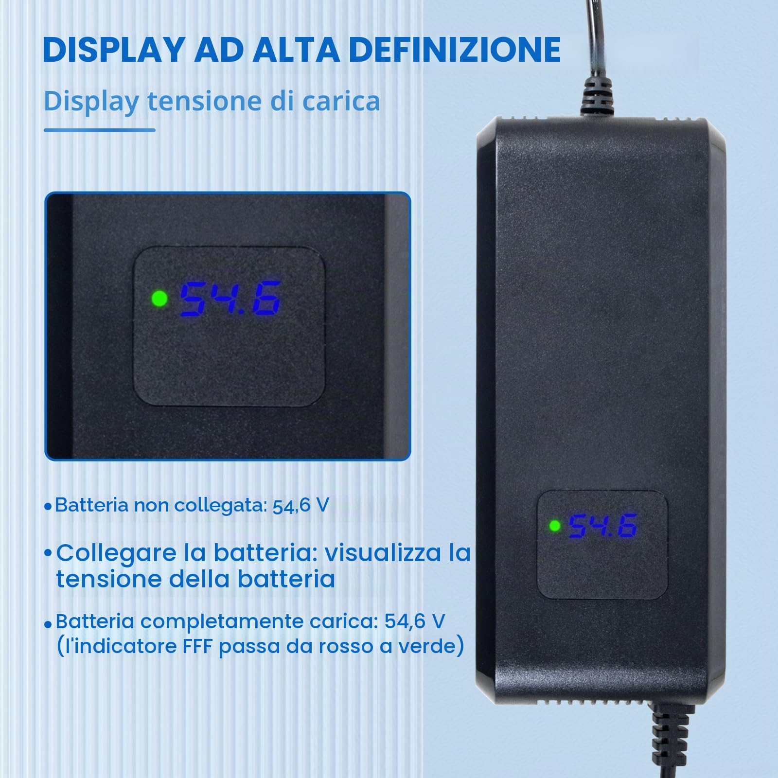 Caricatore per batteria al litio da 48V per E-Bike scooter elettrico DC1 foro 5,5 * 2,1mm connettore, alimentatore 54,6V 4a con ventola integrata, con indicatore della tensione di