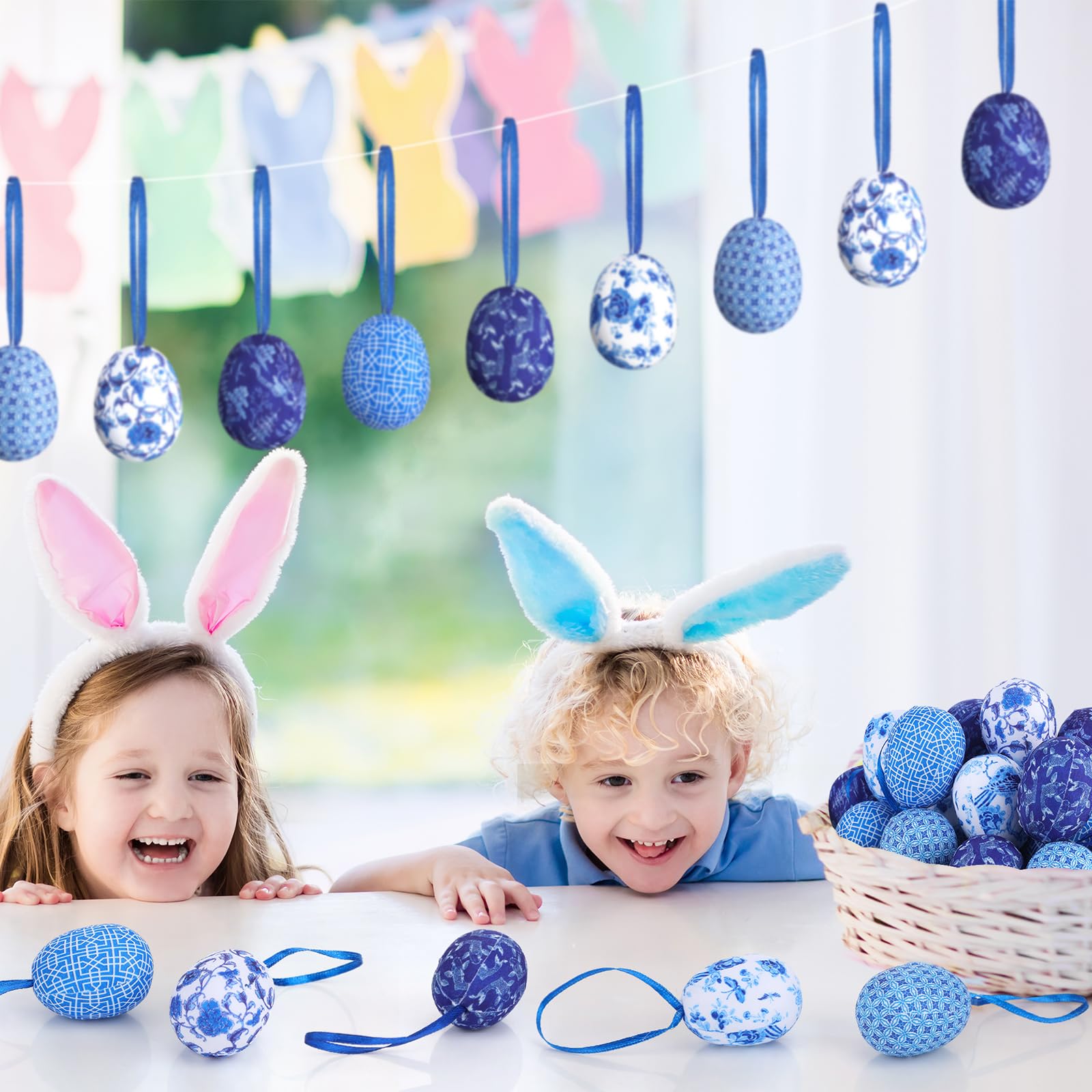 Gemscream 24 Piezas de Decoración de Huevos Colgantes de Pascua de Porcelana Azul y Blanca, Adornos de Huevos de Pascua de Granja, Huevos Inspirados en Chinoiserie para Interior