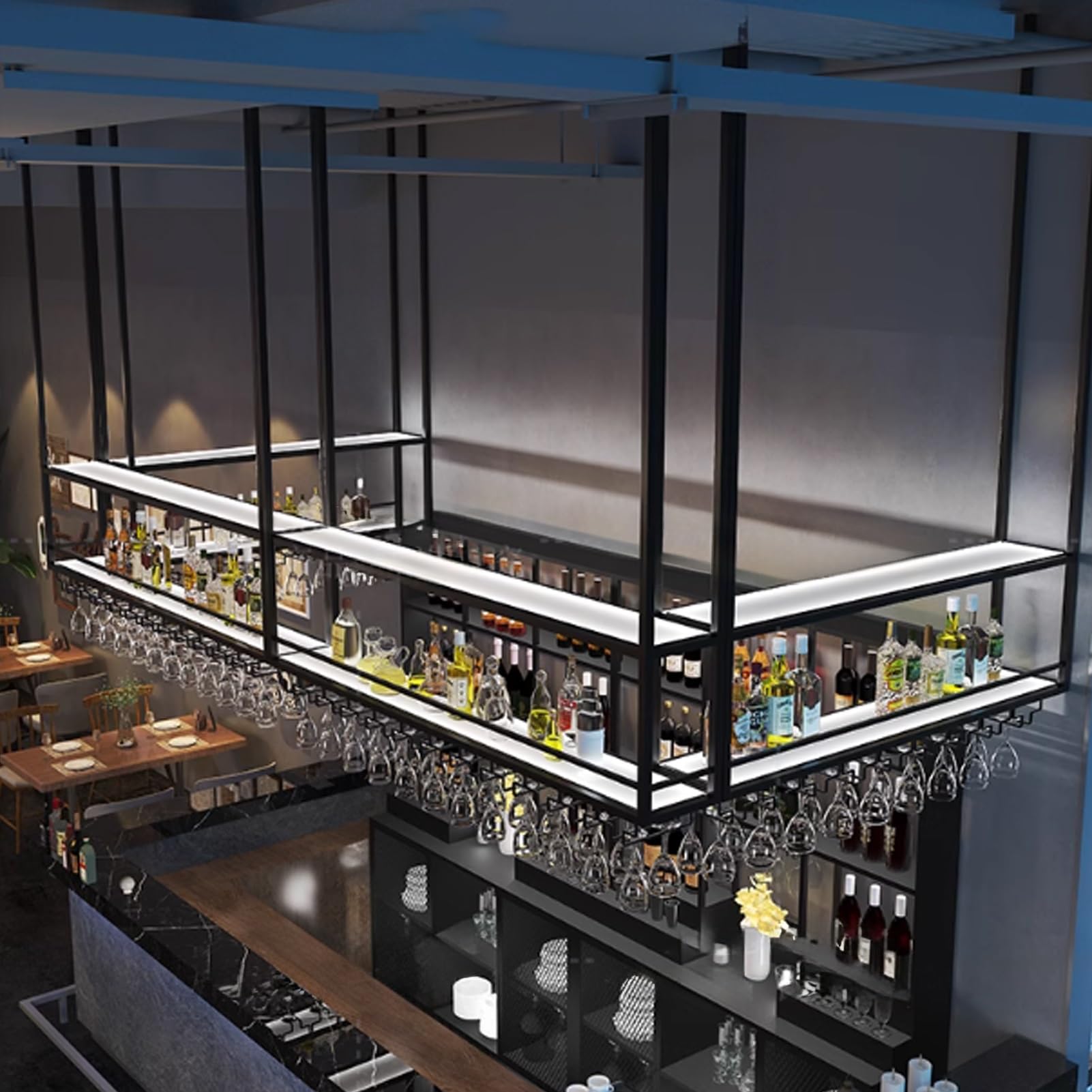 Estante flotante de metal negro montado en la pared con luz LED, soporte multifuncional grande para botellas de licor y copas de vino (300 cm)