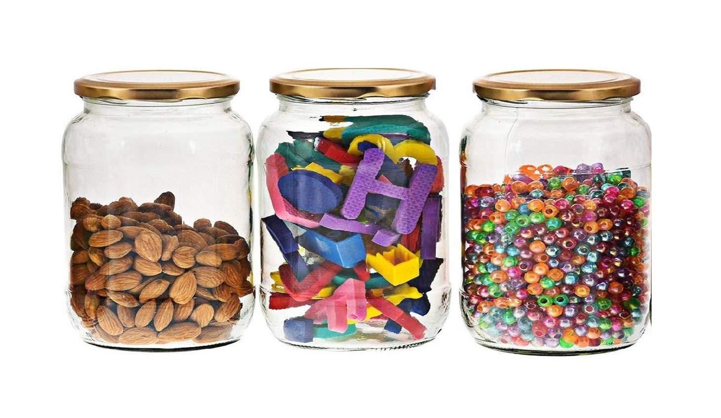 Machak 1500 ml Kitchen Storage Glass Jar and Container With Rust Proof Air Tight Golden Cap Set of 3, Clear