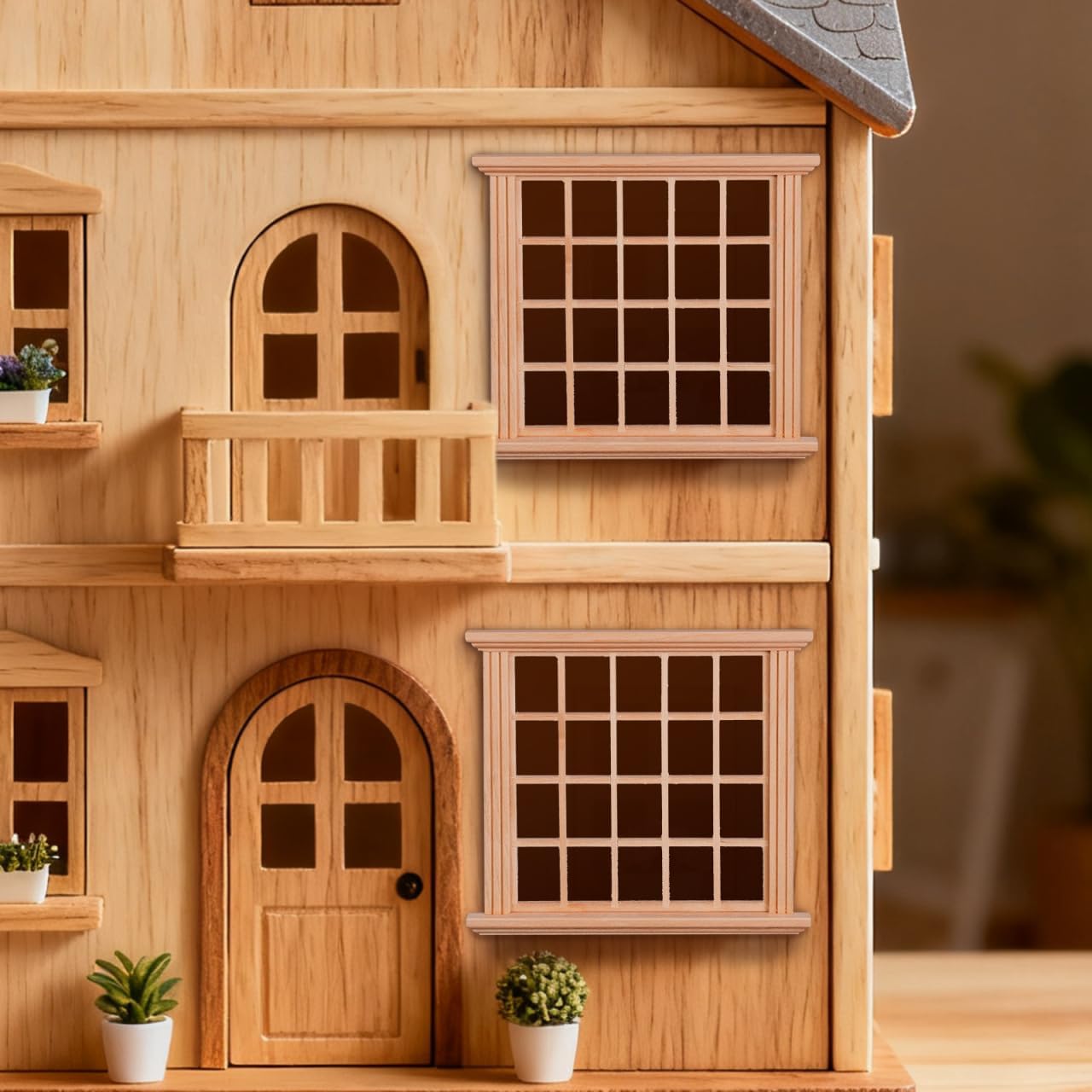 POPETPOP 1:12 Scale Dollhouse Window: 20-Pane Miniature Unfinished Wood Window Frame with Clear Acrylic Pane, DIY Miniature Furniture for Micro Landscape, Photography Props & Room Box Decor
