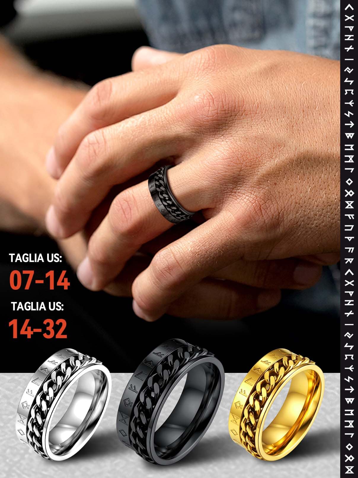 FaithHeart Anti-stress Anello Vichingo a Catena Ruotabile Ansiolitico Anello Uomo Runa Anello Personalizzabile Nome Inciso Data Inciso Anello Punk Hip-pop Taglia IT 14-32