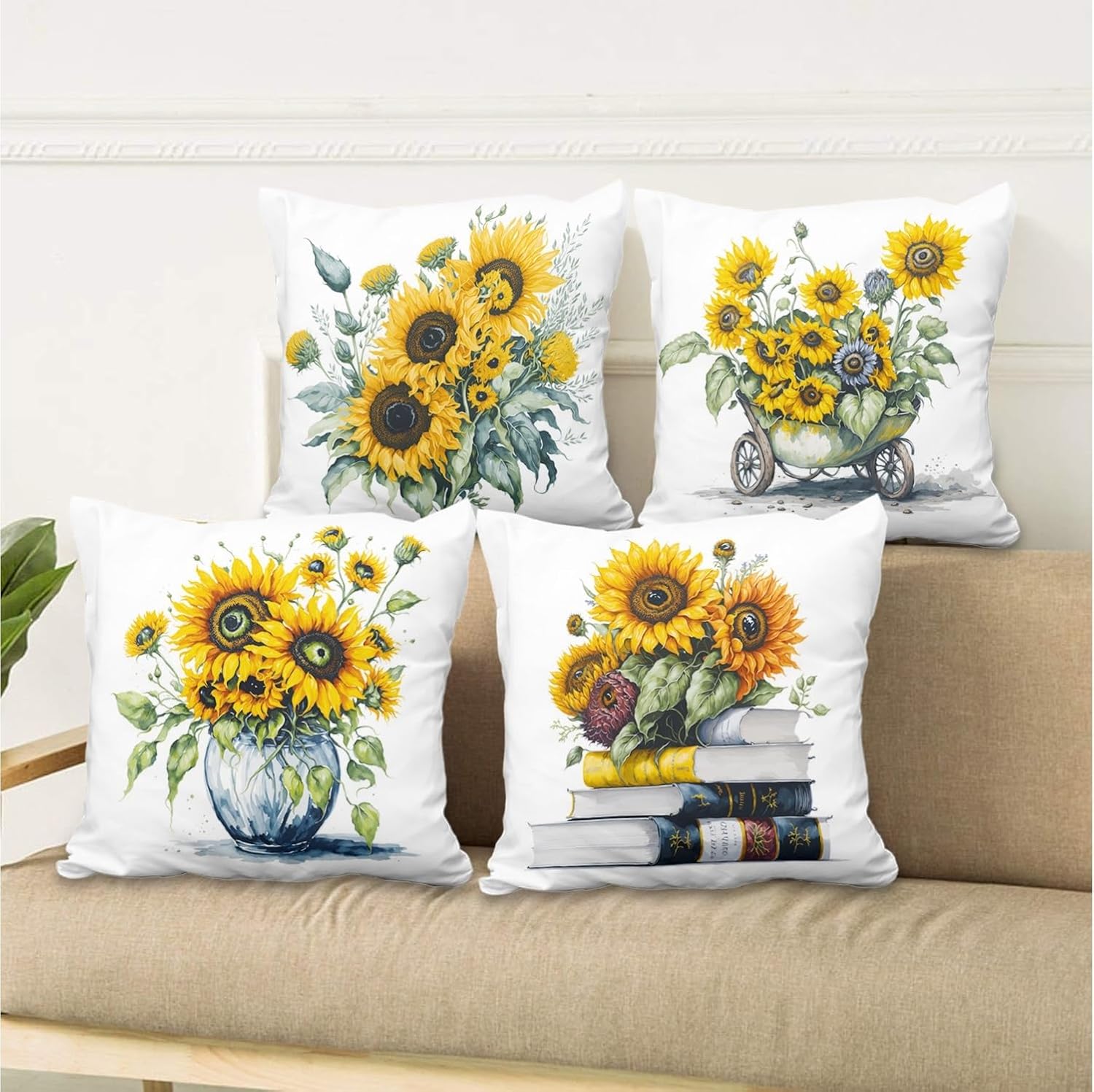 4 Pcs/Set Sunflowers Pillow Covers Yellow Flowers Plants Sage Green Leaves Worn Trolleys Vases Books Rustic Throw Pillow Covers for Outdoor Home Couch Sofa Bedroom Farmhouse, 18"x18"