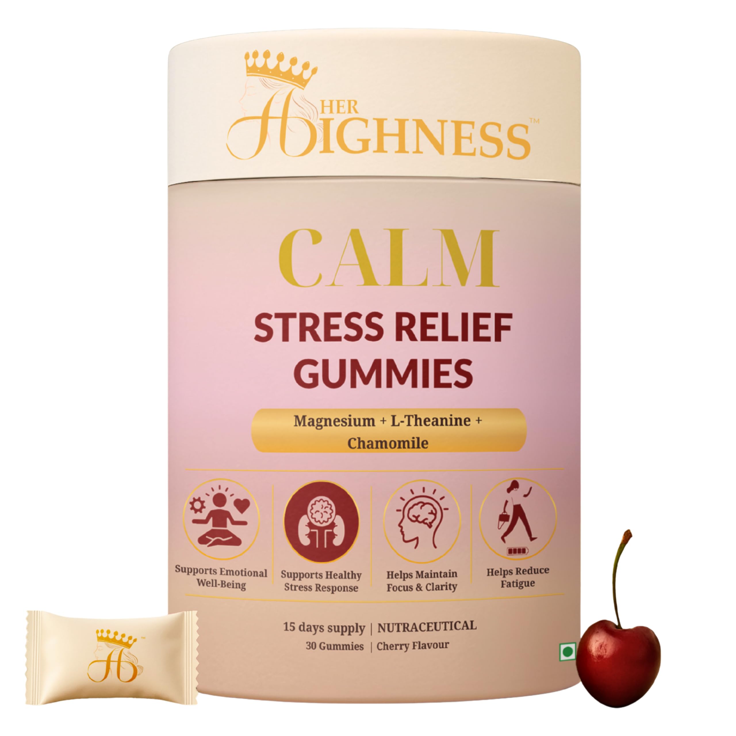 Her Highness CALM Stress Relief Gummies for Women | 30 Gummies | Magnesium, L-Theanine, Chamomile | Stress Support, Emotional Balance, Focus & Relaxation | No Added Sugar | No Added Preservatives | 100% Veg | Cherry Flavour-image-39