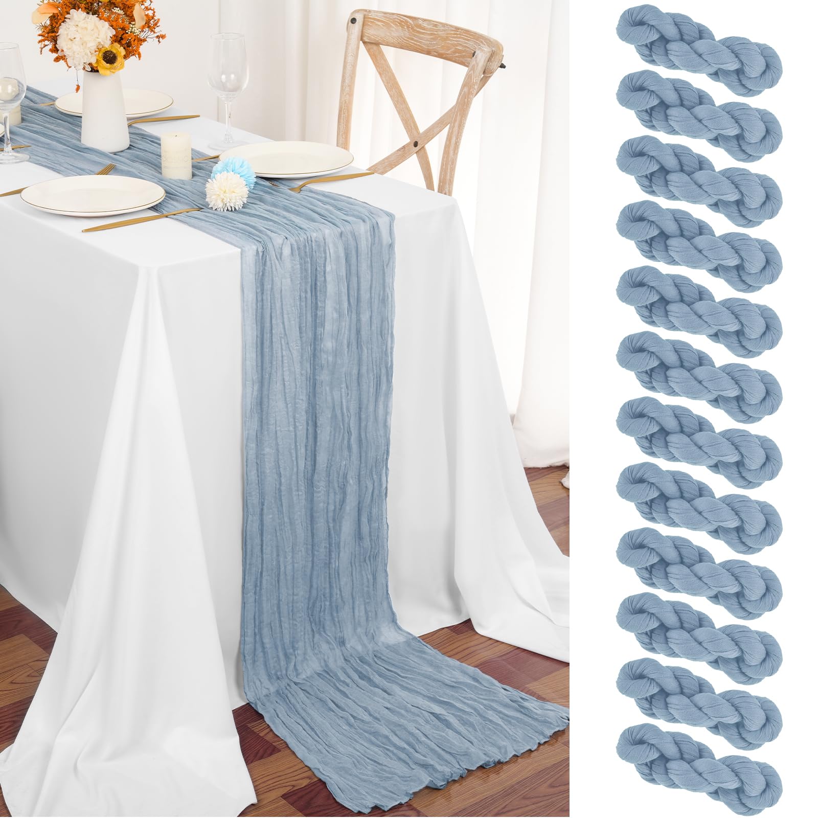 12 Pack Dusty Blue Cheesecloth Table Runner 45x275 cm Boho Gauze Cheese Cloth Table Runner for Wedding Party Baby Bridal Shower Birthday Decorations