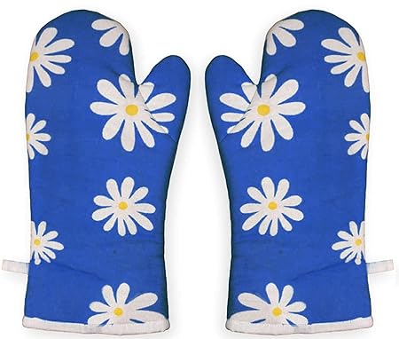 Kuber Industries Flower Design Heat Resistant Cotton Kitchen Oven Mitt Microwave Glove Set, Non-Slip Grip and Hanging Loop for Kitchen, Cooking, Baking, Set of 2 (Blue)