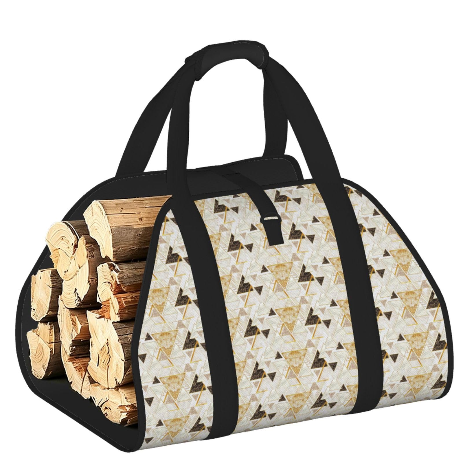 Ayyqwe Black Abstract Geometric Pattern Print Firewood Bag Wood Waterproof Versatile Camping Picnic Storage Daily Home