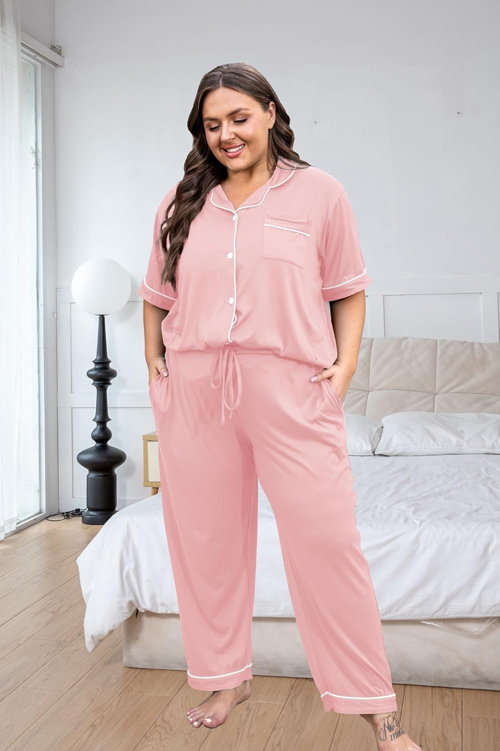 Vozanet Women's Plus Size Pajamas Button Down Shirt and Pants Soft Lounge Sets Bride Nighty Bottom with Pockets 1x to 5x - Image 2